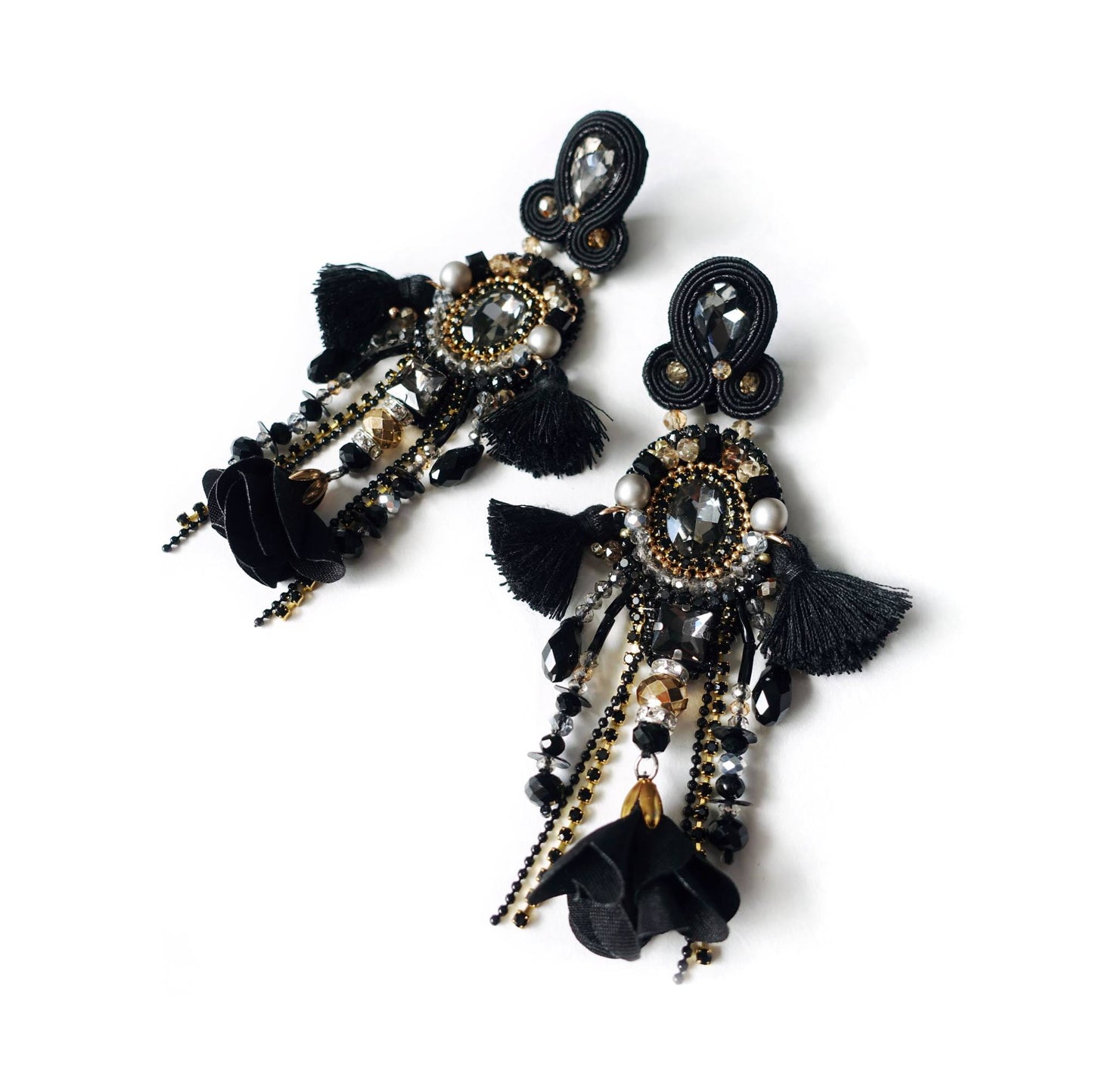 Black and gold soutache earrings with tourmalines 411 BlackLady