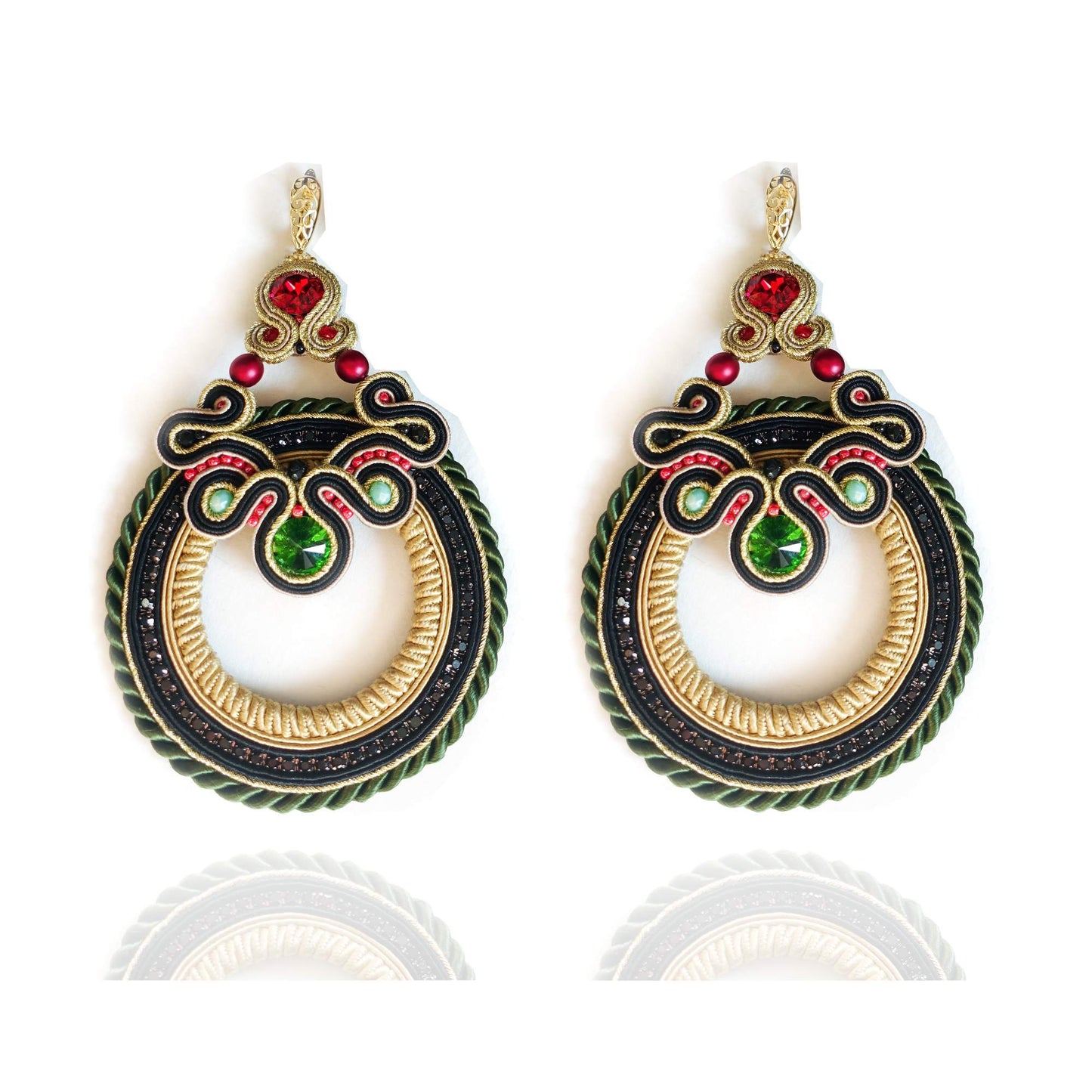 Folk Ethno earrings soutache large hoops with crystals, 134 Polka