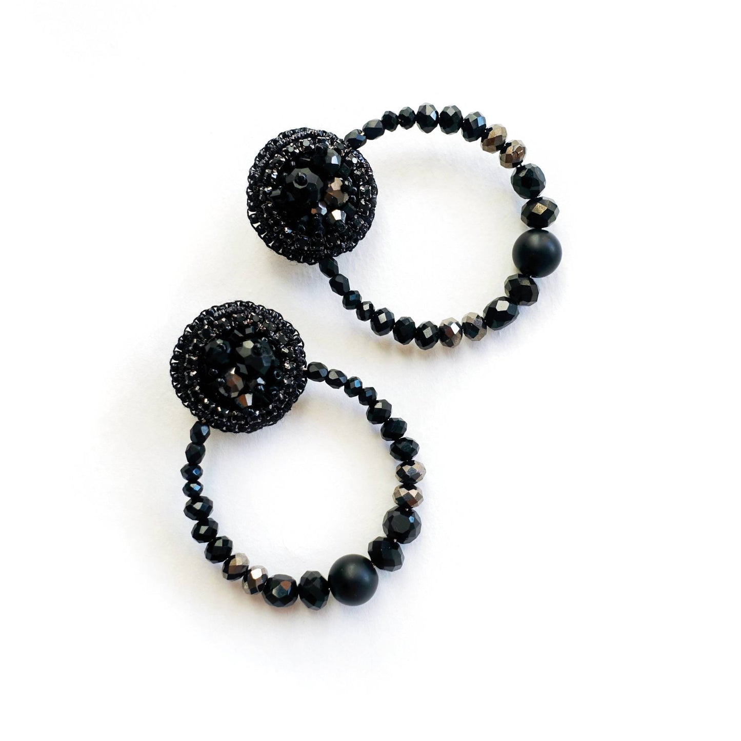 Black Embroidered Hoop Earrings with Crystals 503 Black