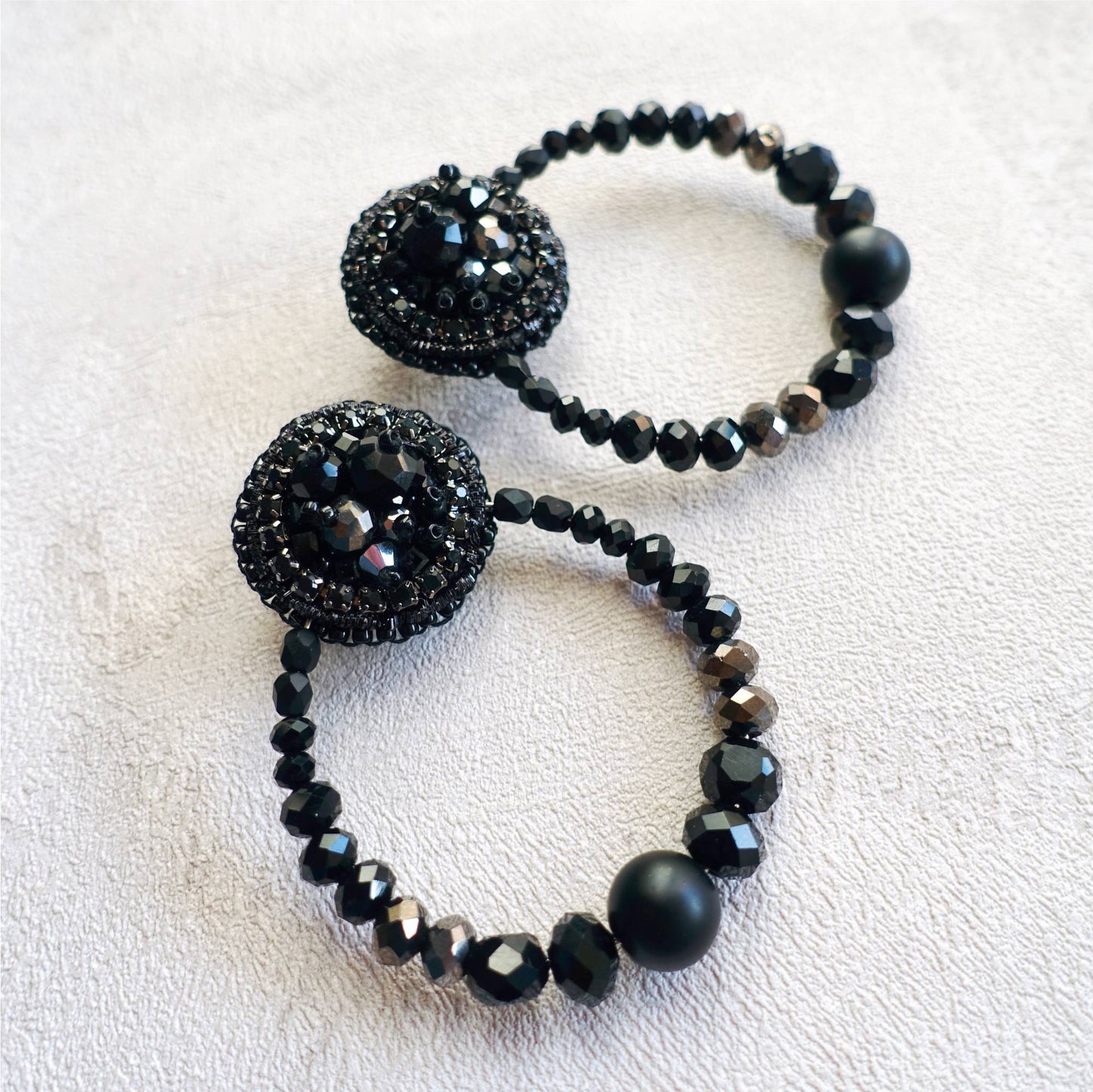 Black Embroidered Hoop Earrings with Crystals 503 Black