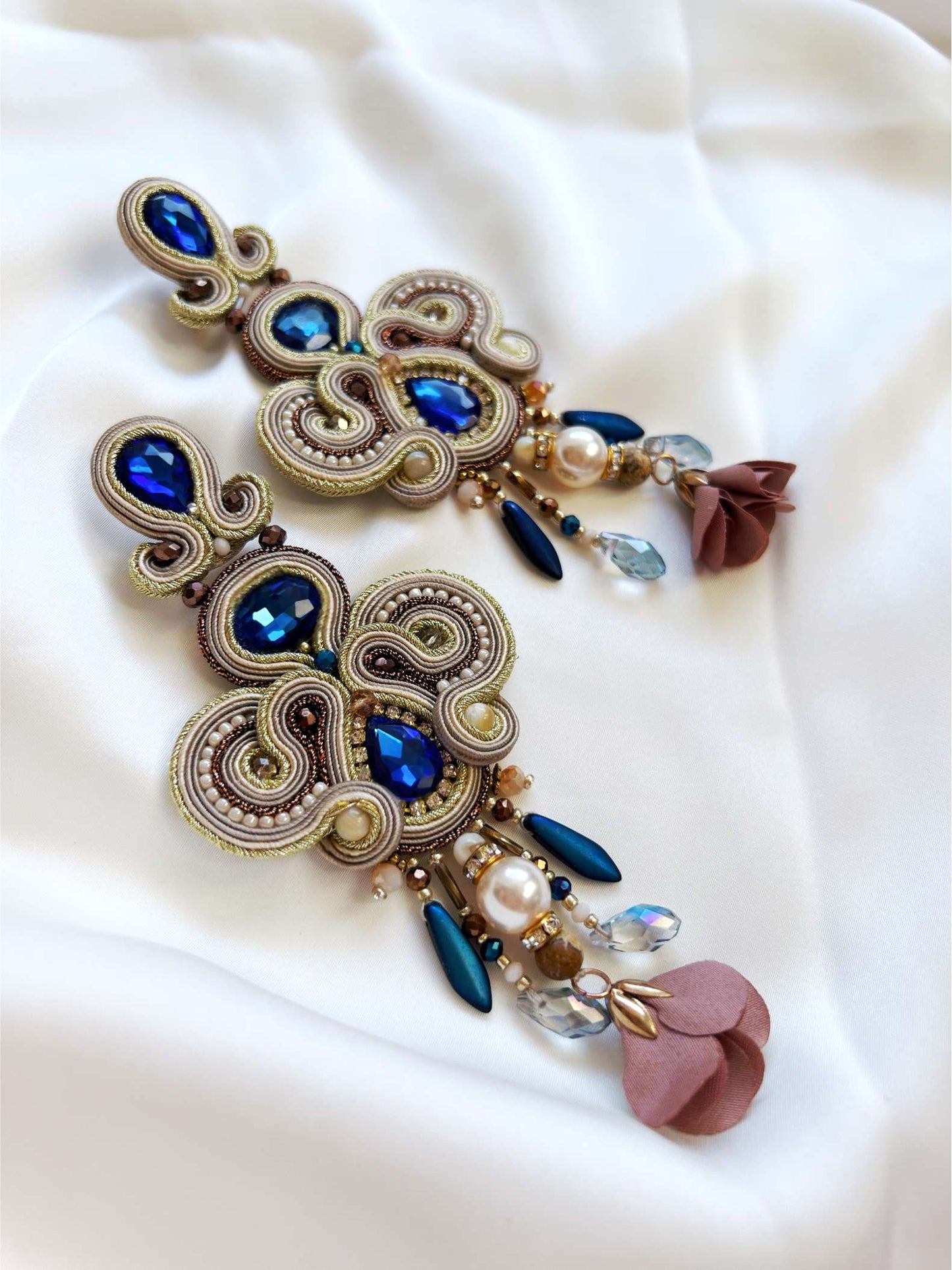 Beige blue soutache earrings jasper, tiger eye, 340 Dubai