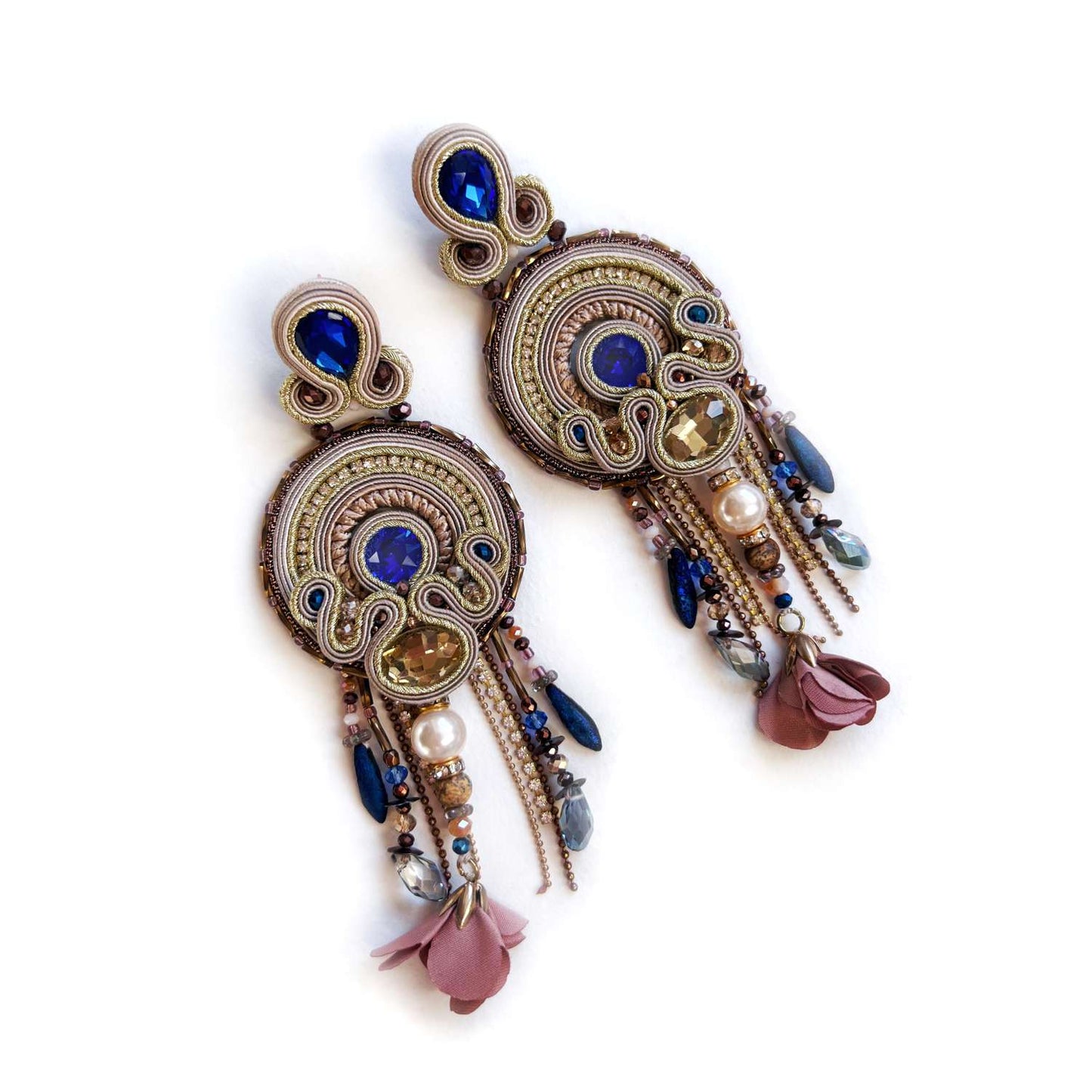 Oriental beige blue soutache earrings 325 Dubai with fringes