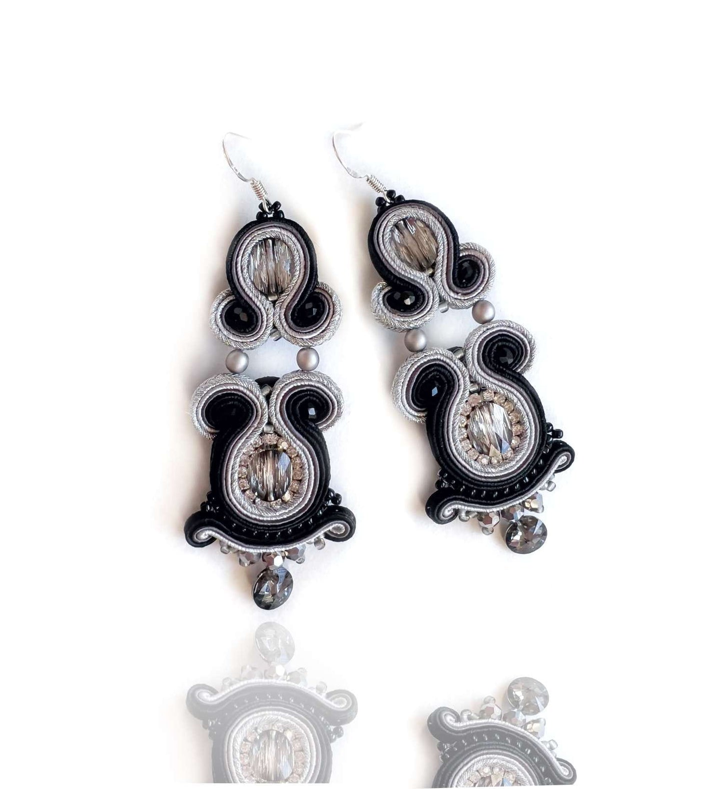 Gray-black soutache earrings with crystals 178 BlackSilver II