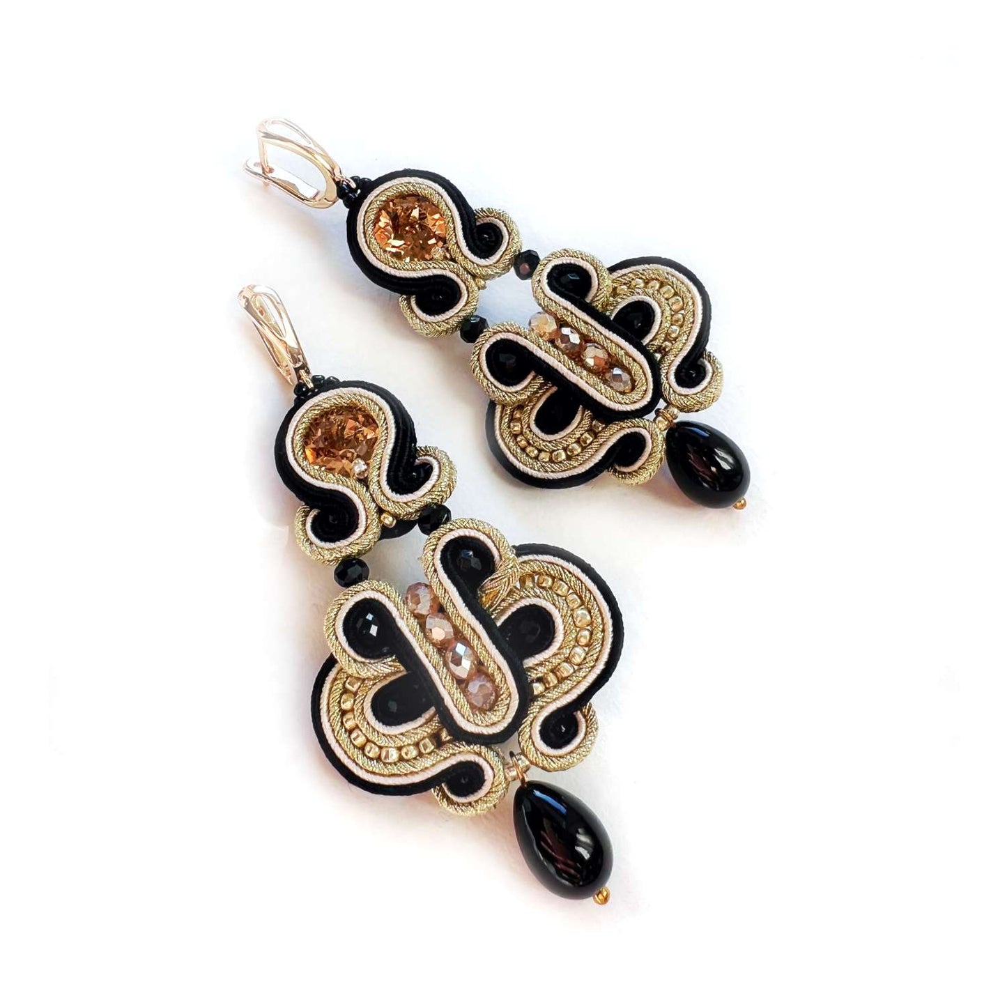 Black gold evening earrings soutache with crystals 211 BlackGold