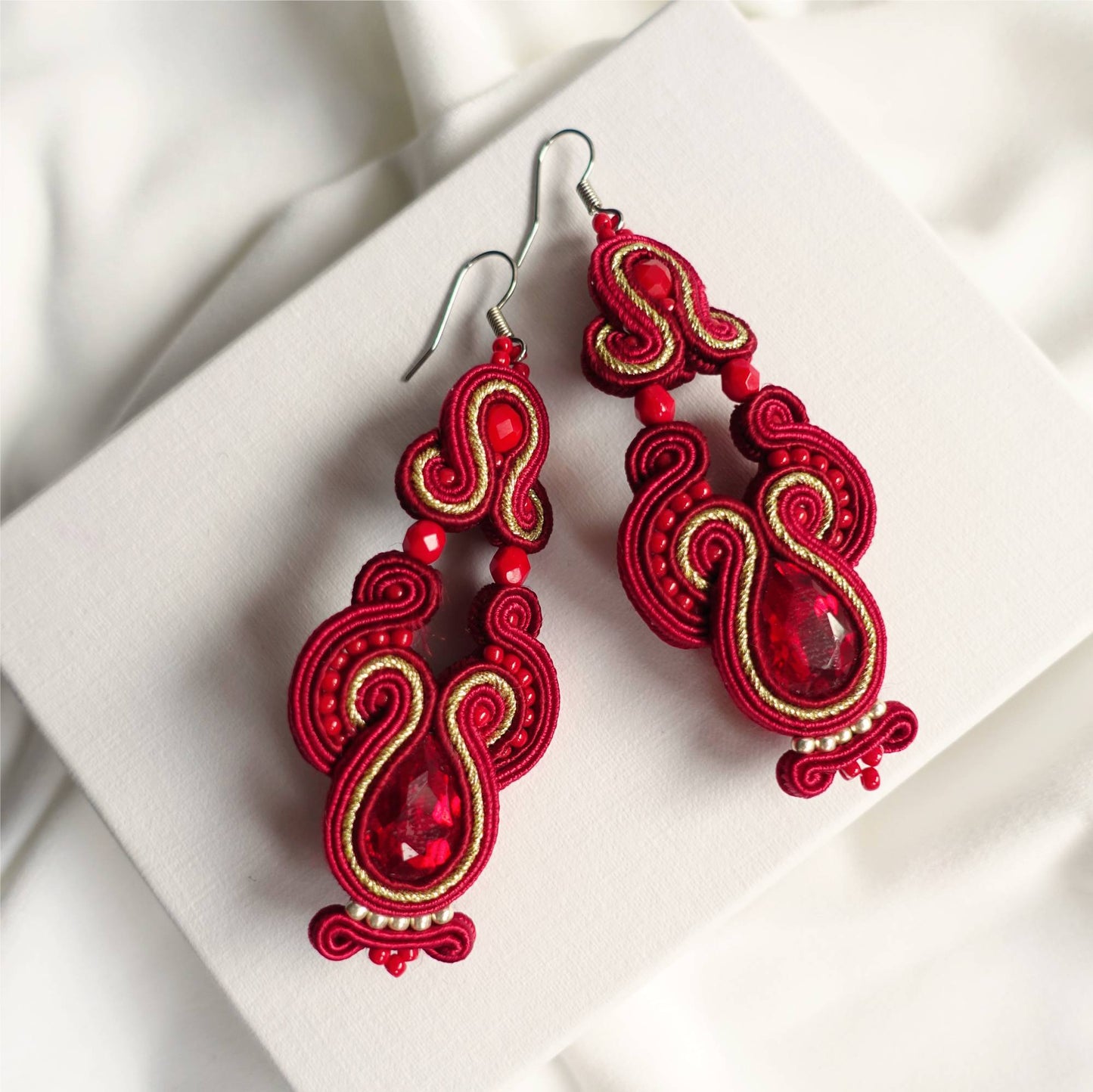 Burgundy soutache earrings with crystals 186 Marshal
