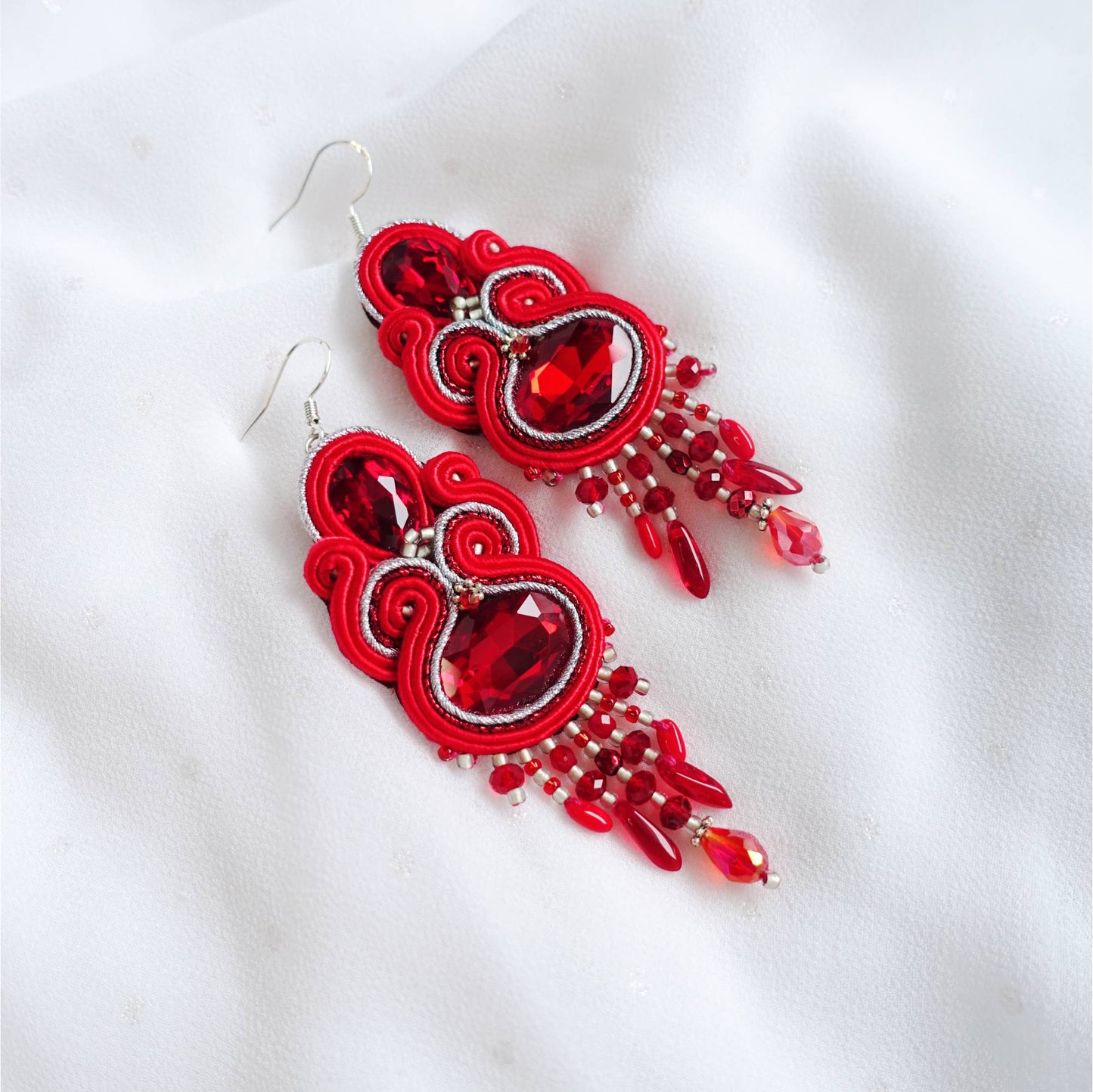 Red soutache earrings with crystals 407 Marshal Silver