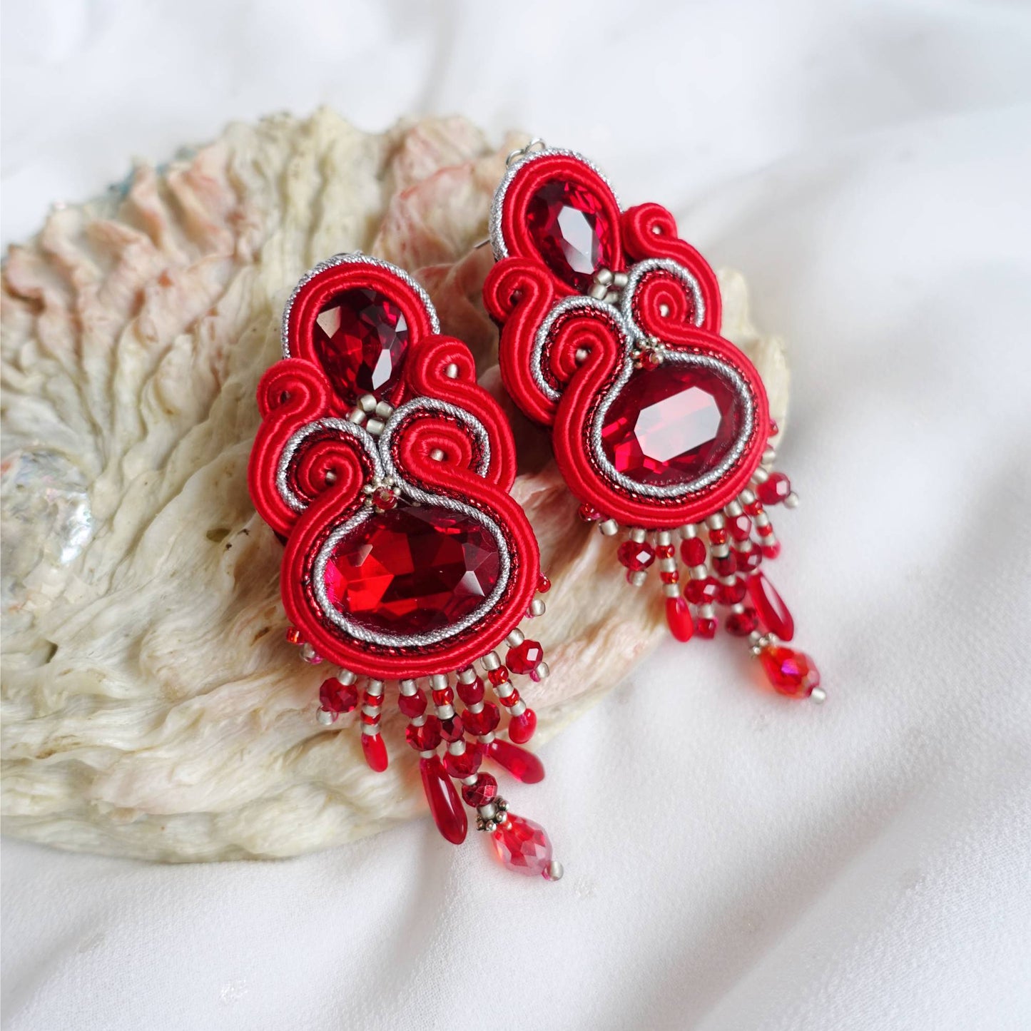 Red soutache earrings with crystals 407 Marshal Silver