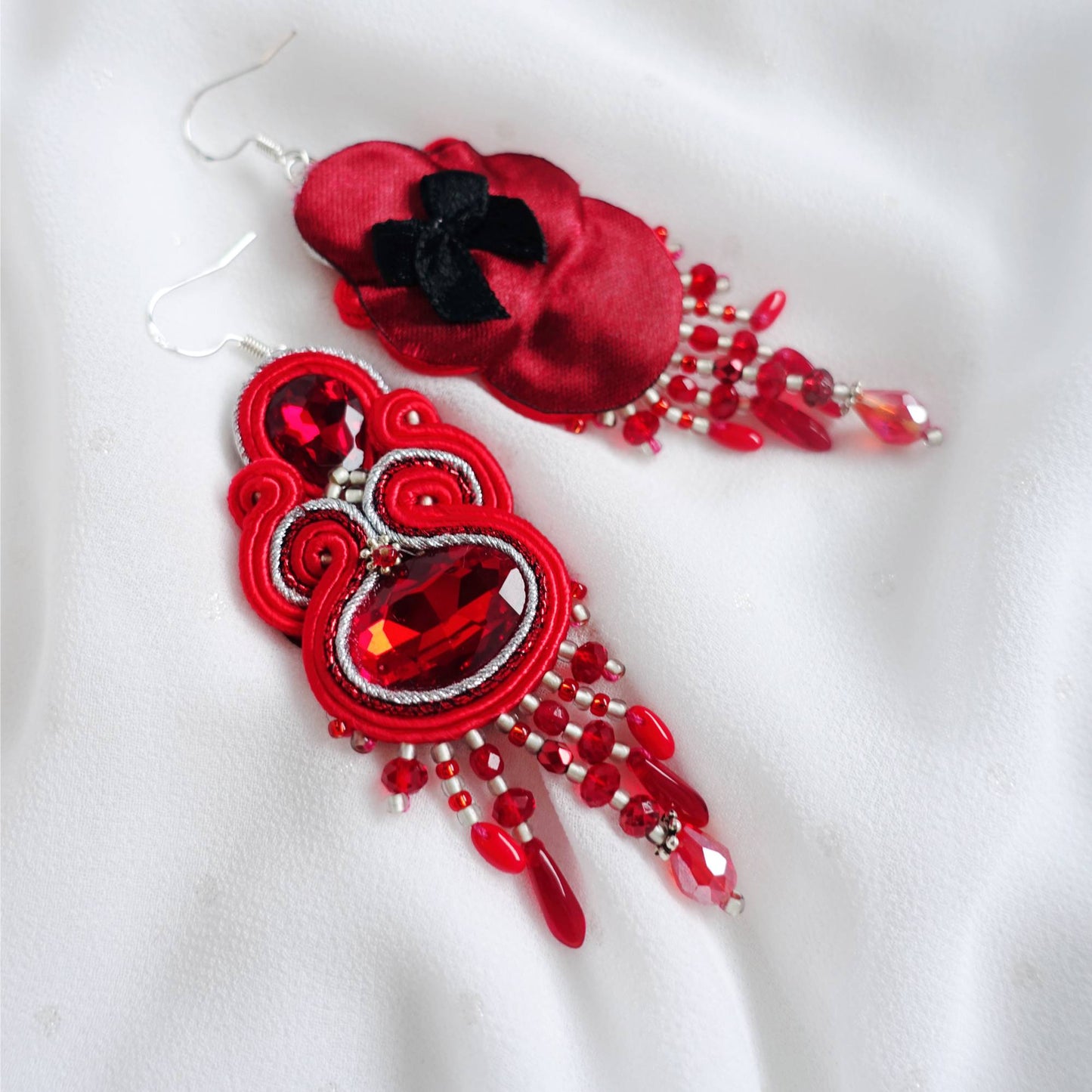 Red soutache earrings with crystals 407 Marshal Silver