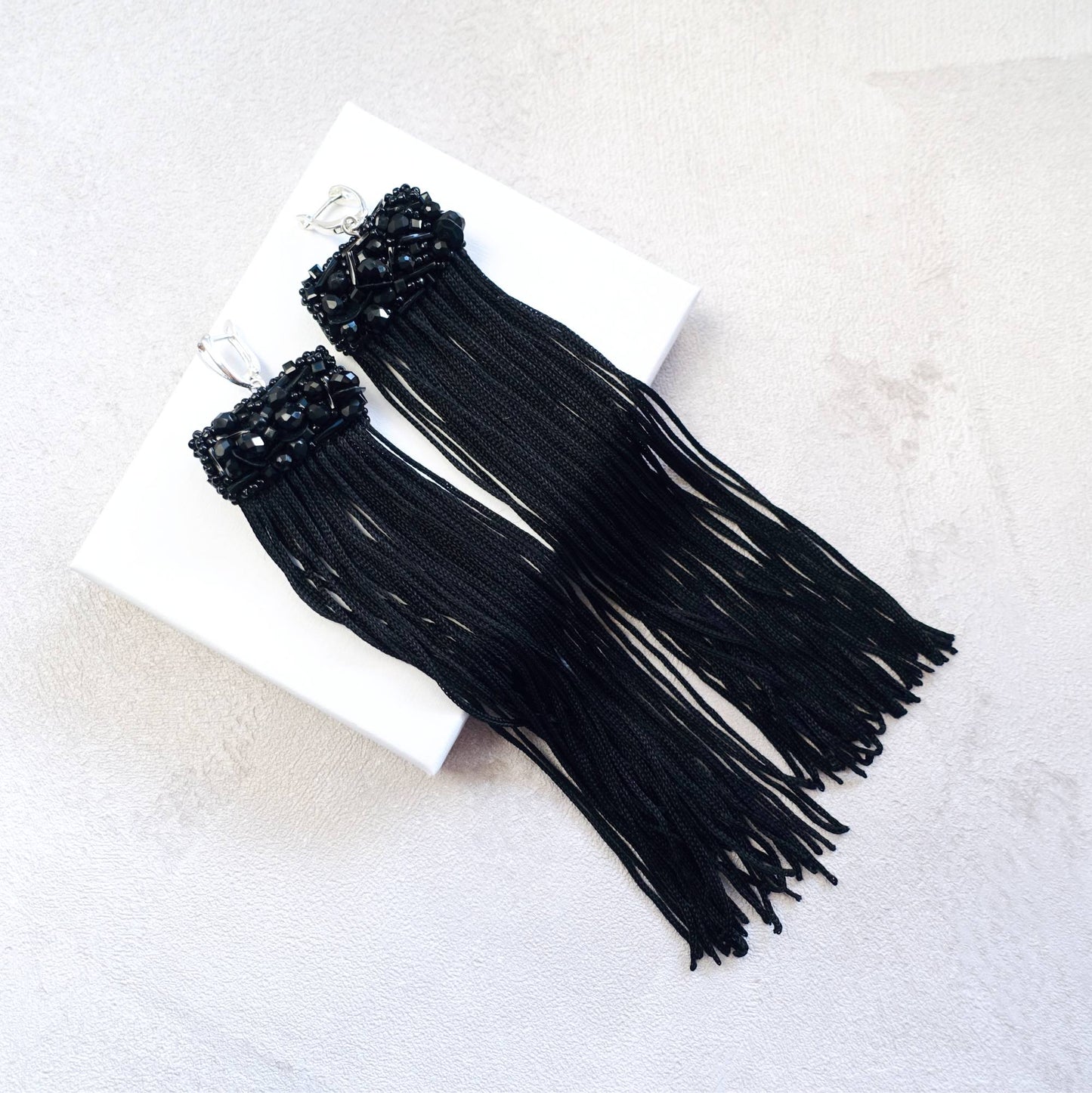 Long black handmade earrings with tassels 507 Black