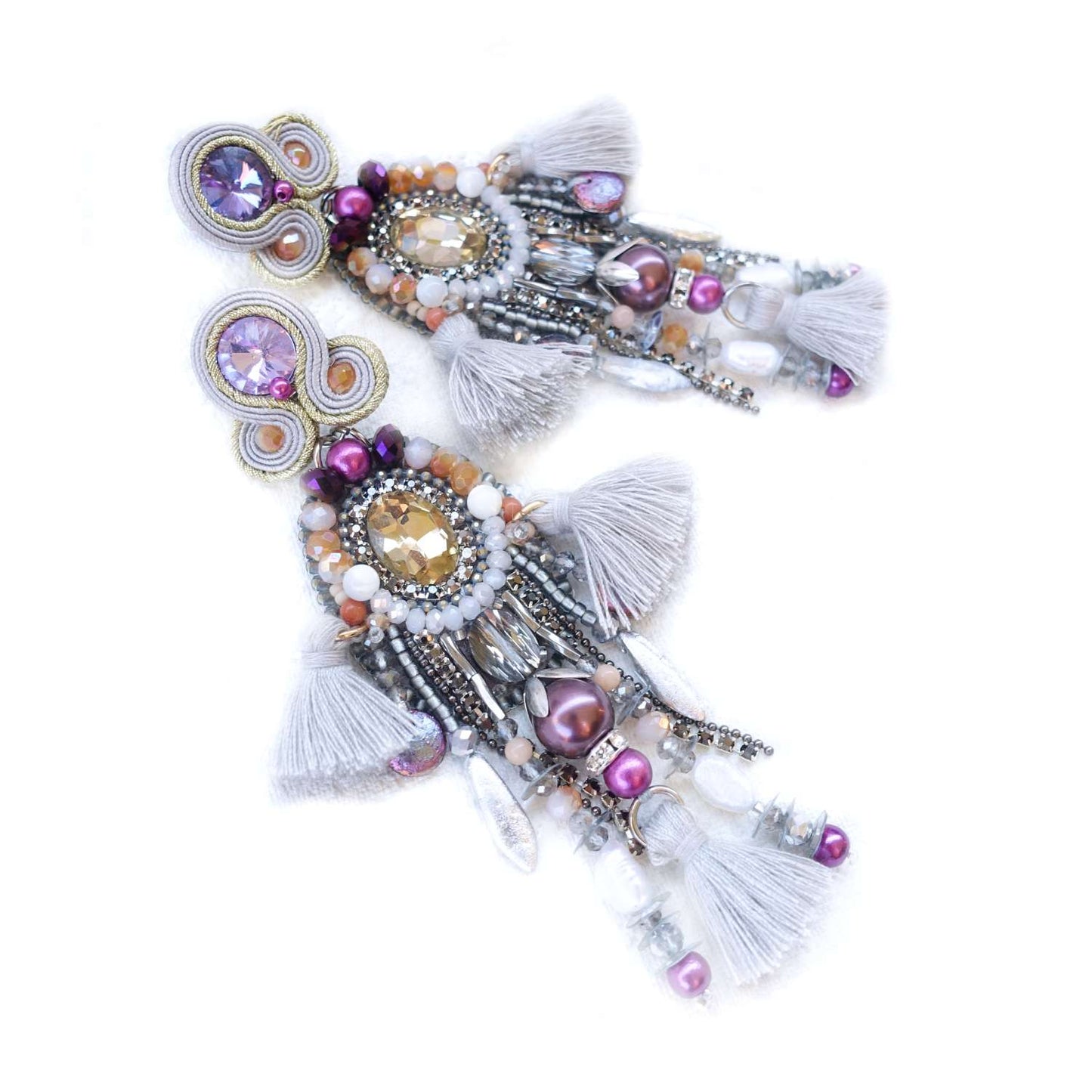Silver purple soutache earrings with jadeites and fringes, 411 Ramala