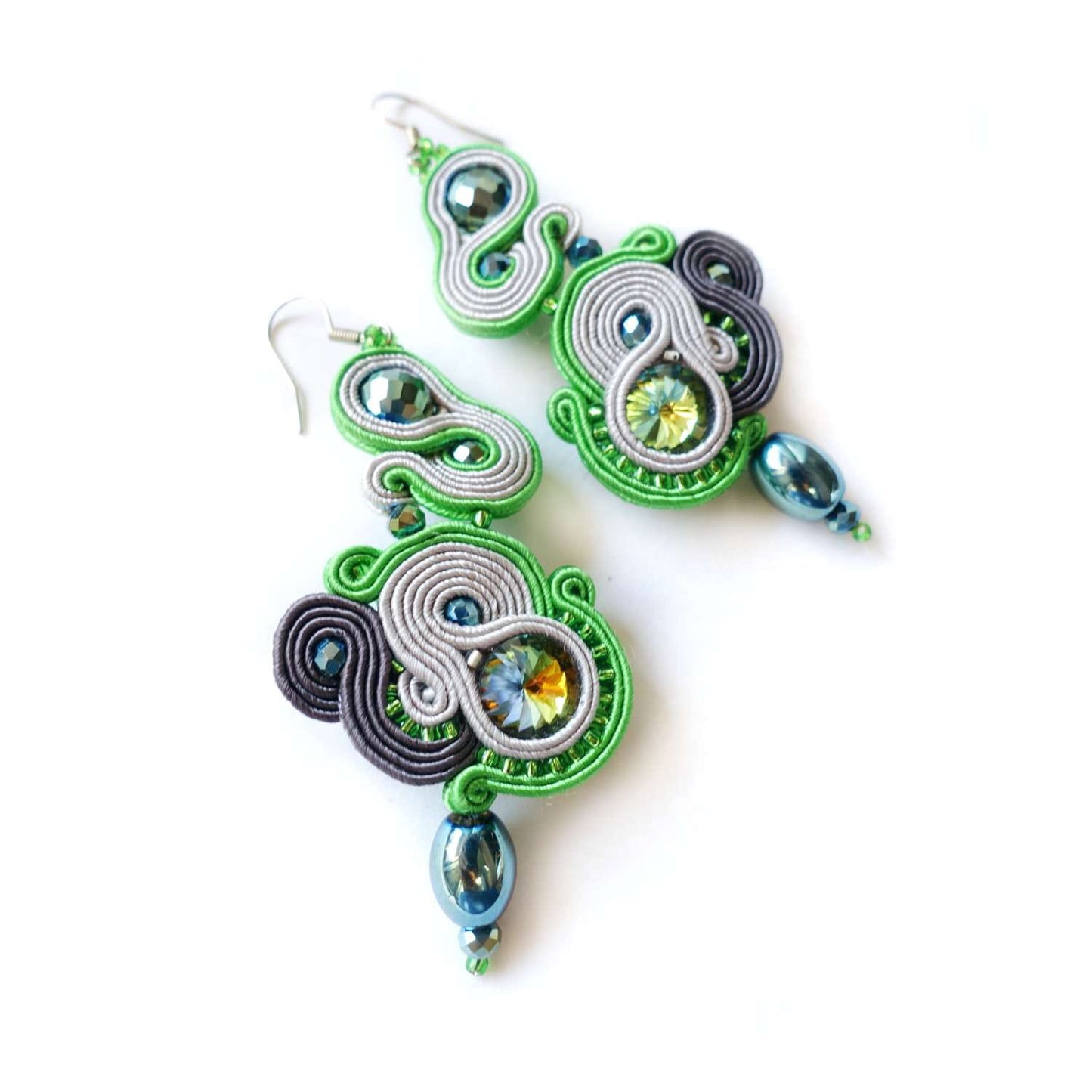 Green soutache earrings with crystals 30 Grenny