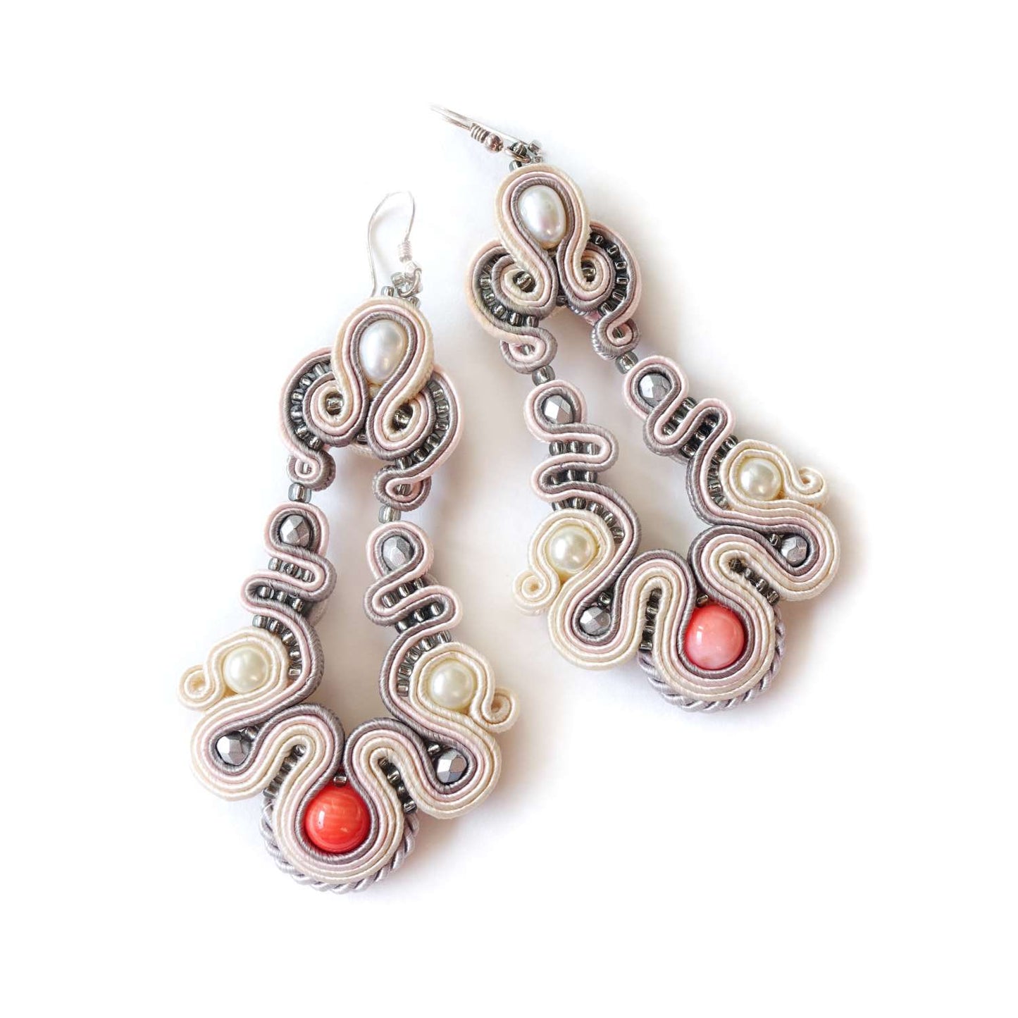 Powder pink soutache earrings with pearls 129 Aditi