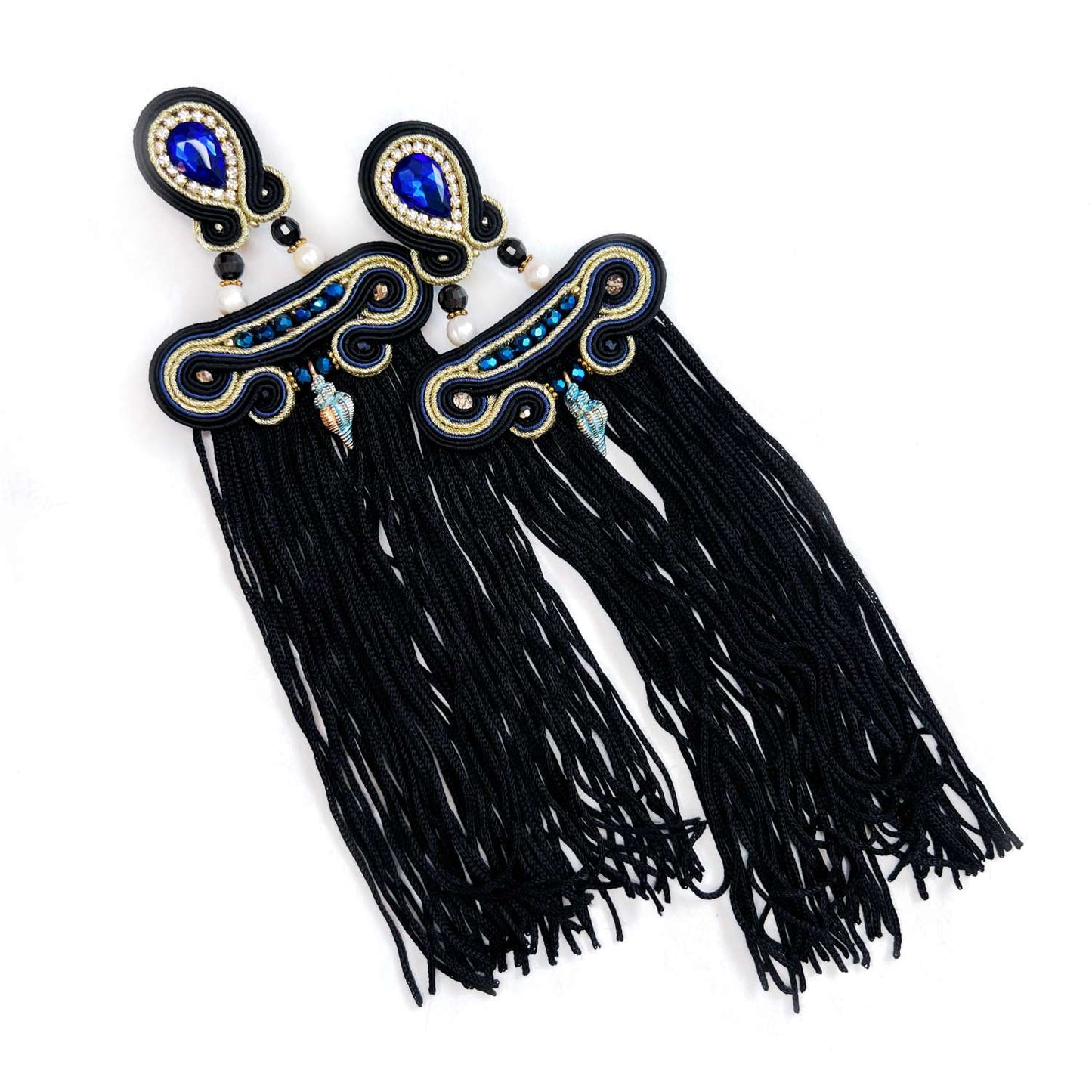 Black and blue soutache earrings with tassels, 304 Luiza