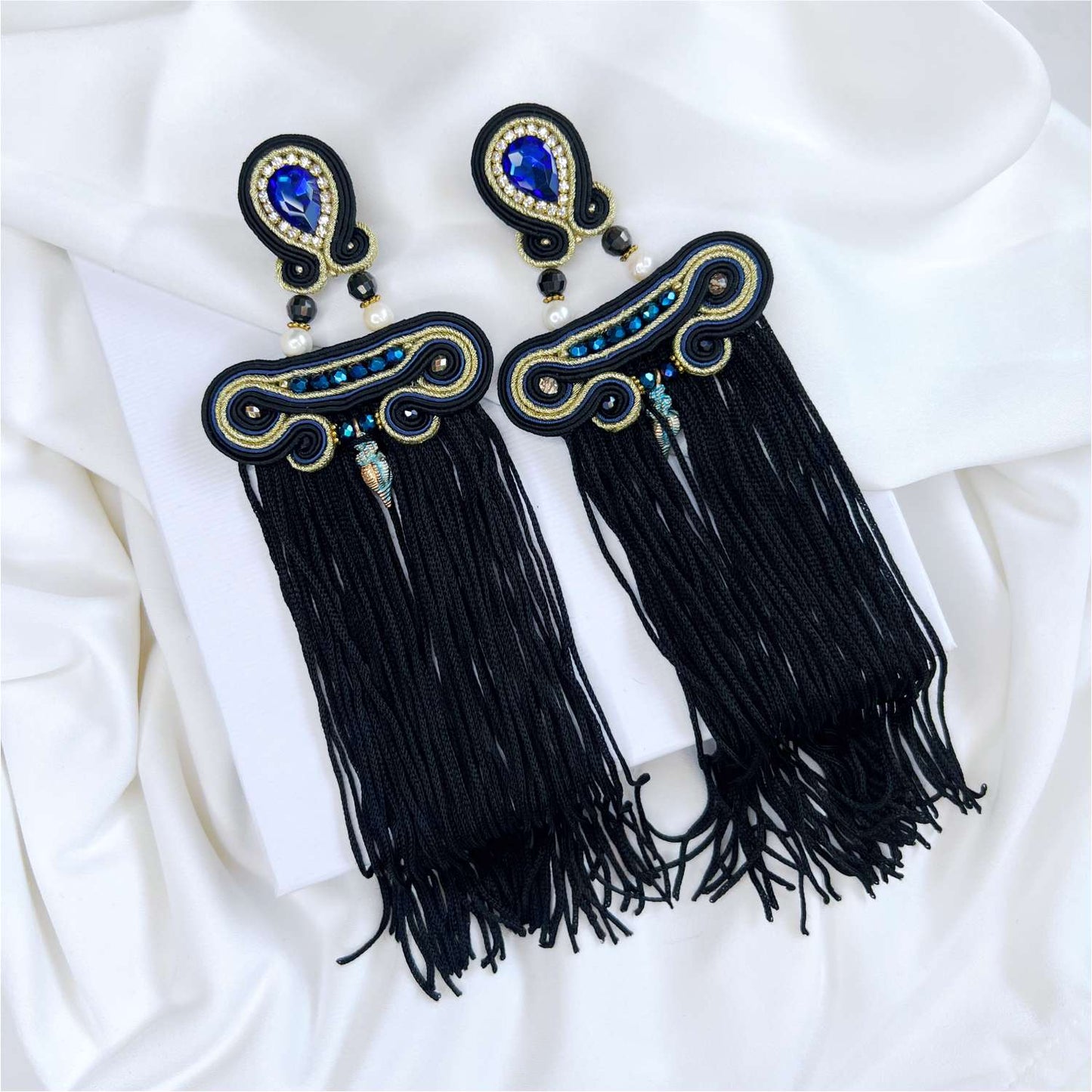 Black and blue soutache earrings with tassels, 304 Luiza