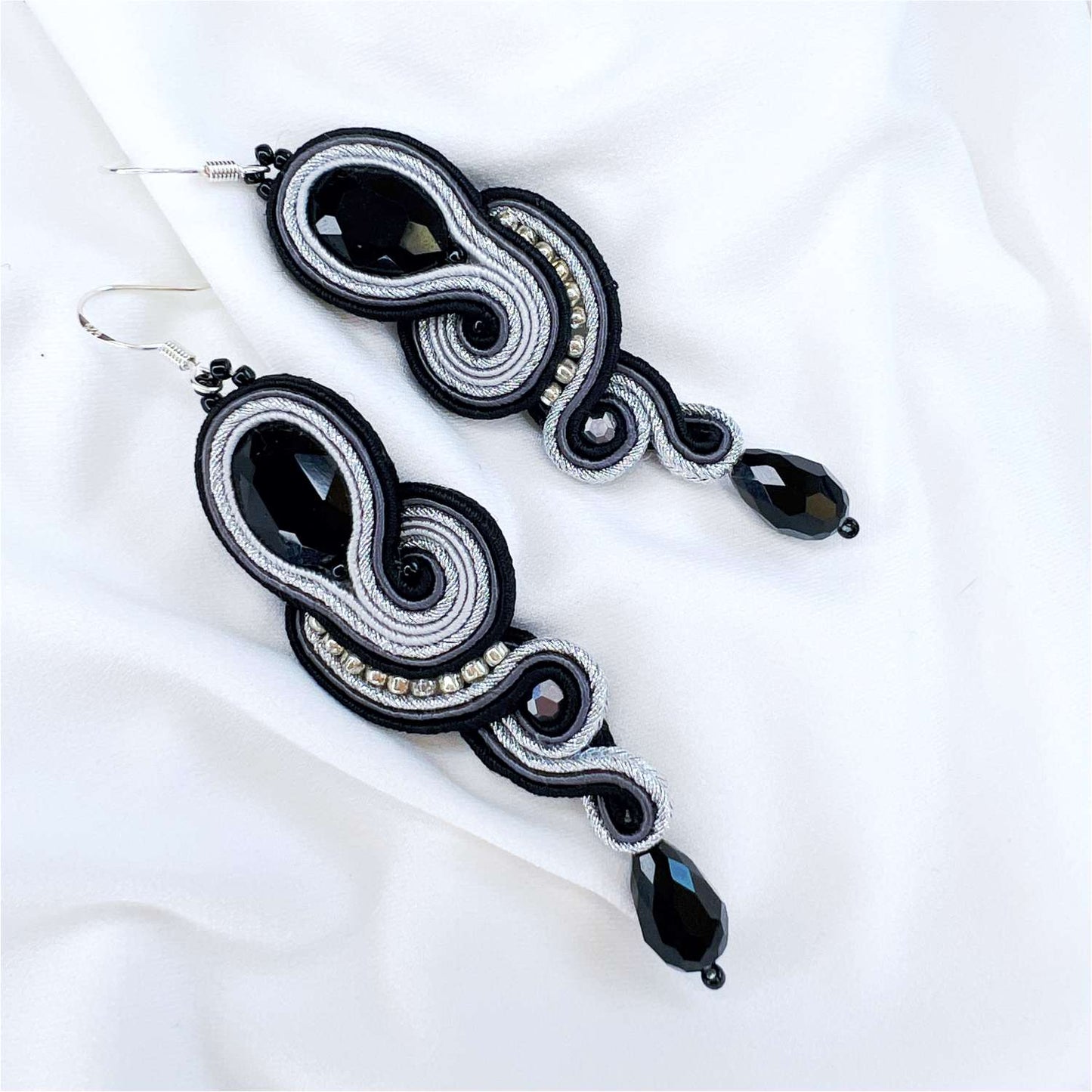 Black and silver delicate soutache earrings 18 Medusa Black