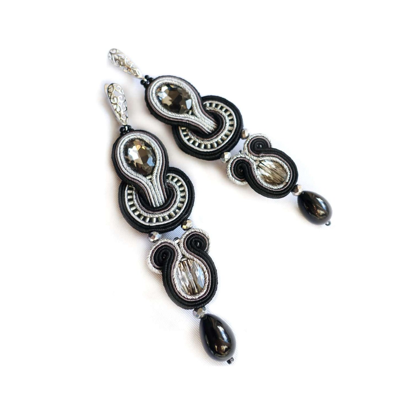Black silver soutache earrings with crystals 116 BlackSilver