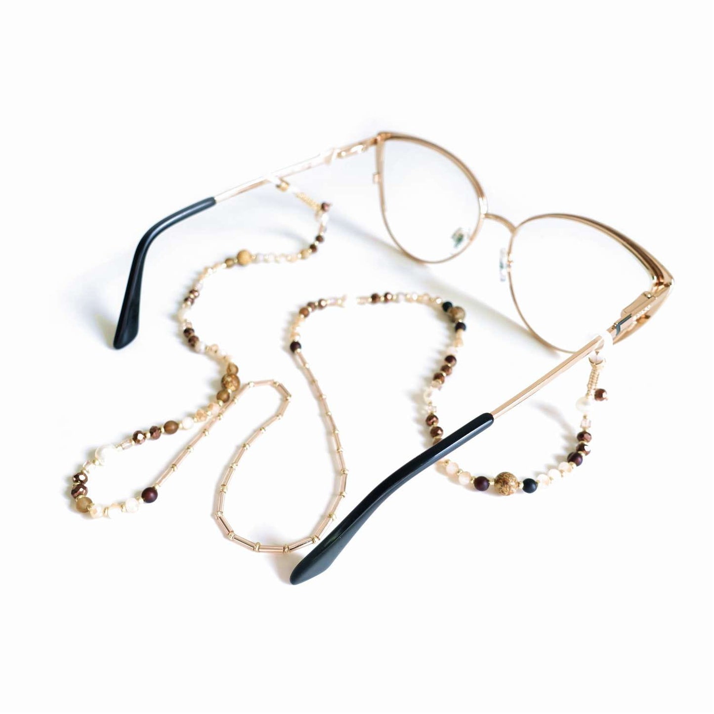 Beige brown glasses chain with jasper and pearls, natural stones, LadyBrown I