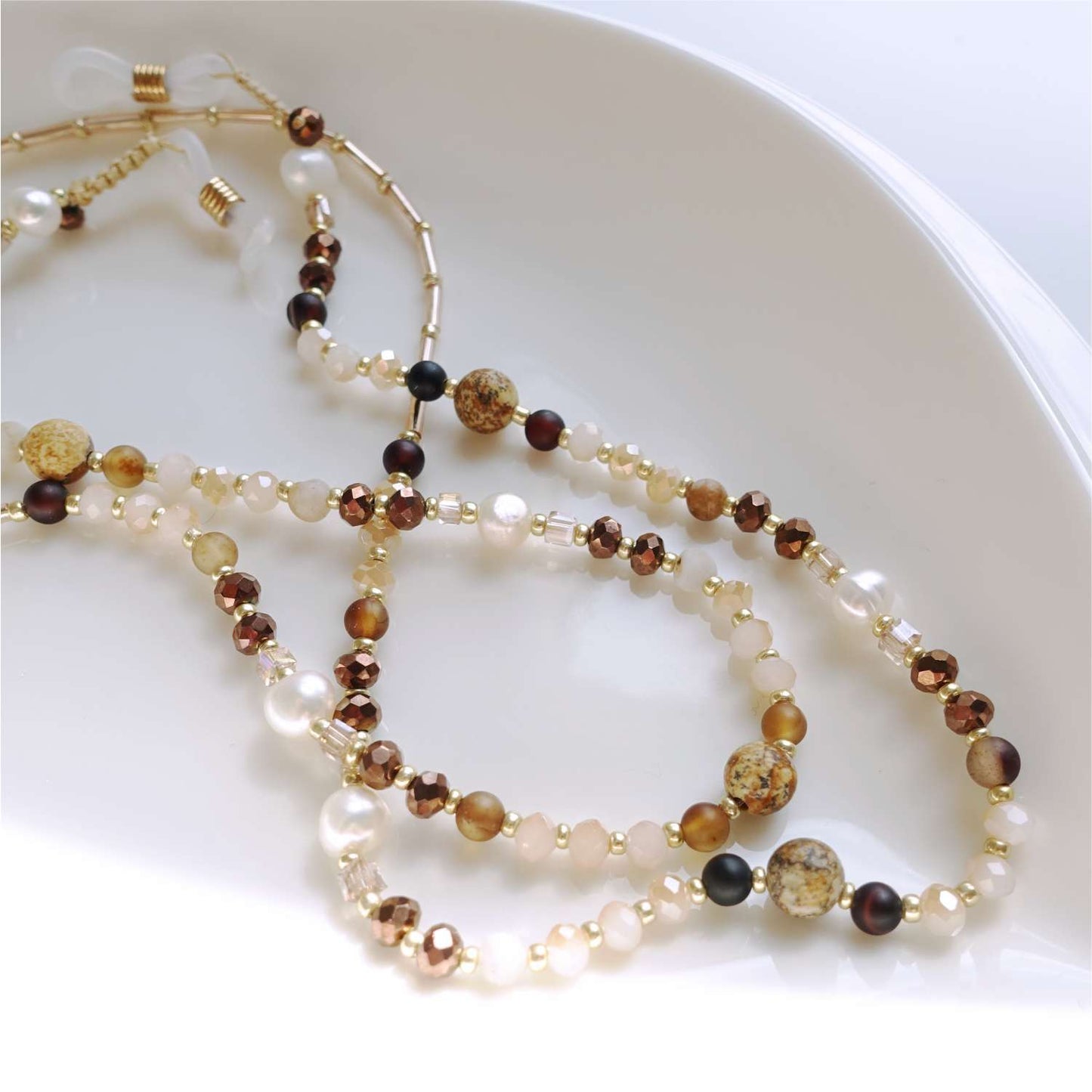 Beige brown glasses chain with jasper and pearls, natural stones, LadyBrown I