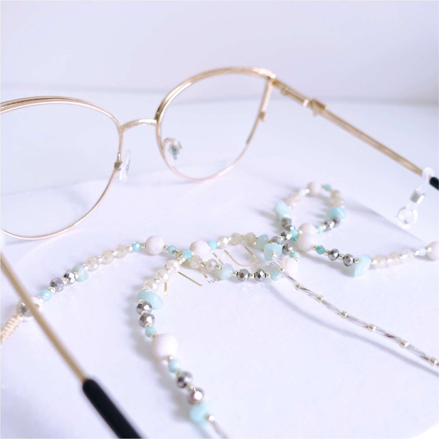 Turquoise Cream Glasses Chain, Amazonite, Jadeite and Crystals, MintMe EGC505