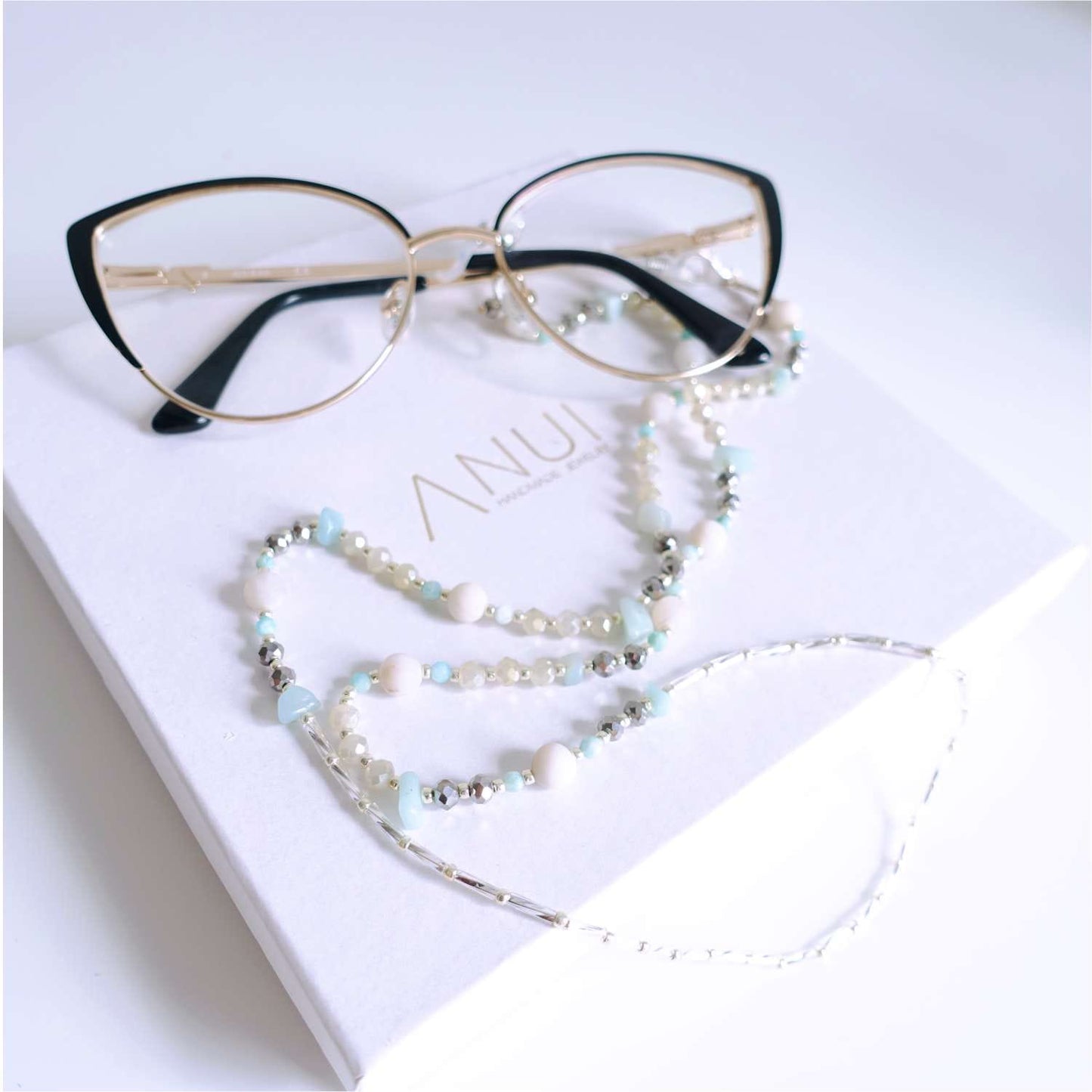 Turquoise Cream Glasses Chain, Amazonite, Jadeite and Crystals, MintMe EGC505