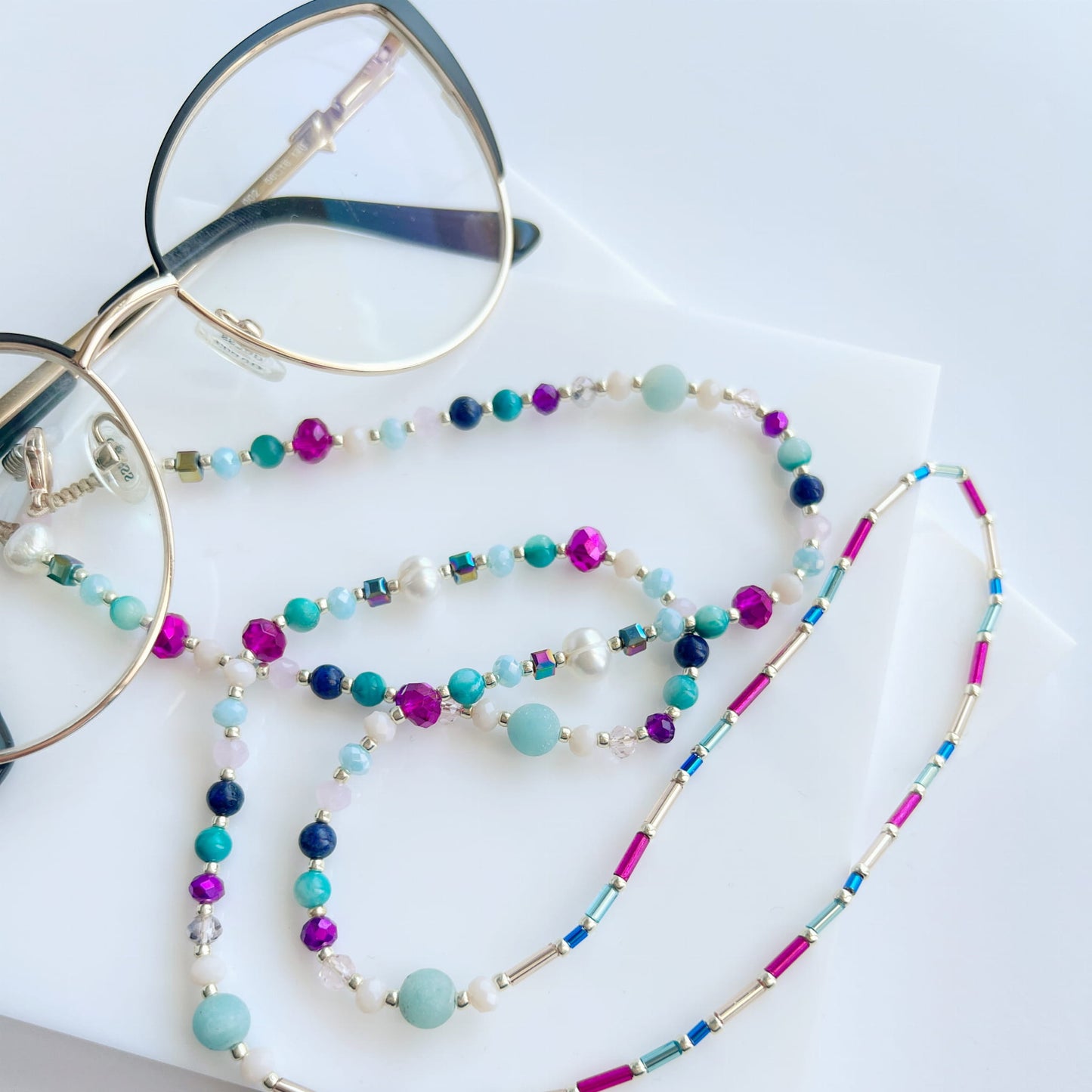 Glasses chain colored amazonite, lapis lazuli, natural pearl, LadyCandy EGC513