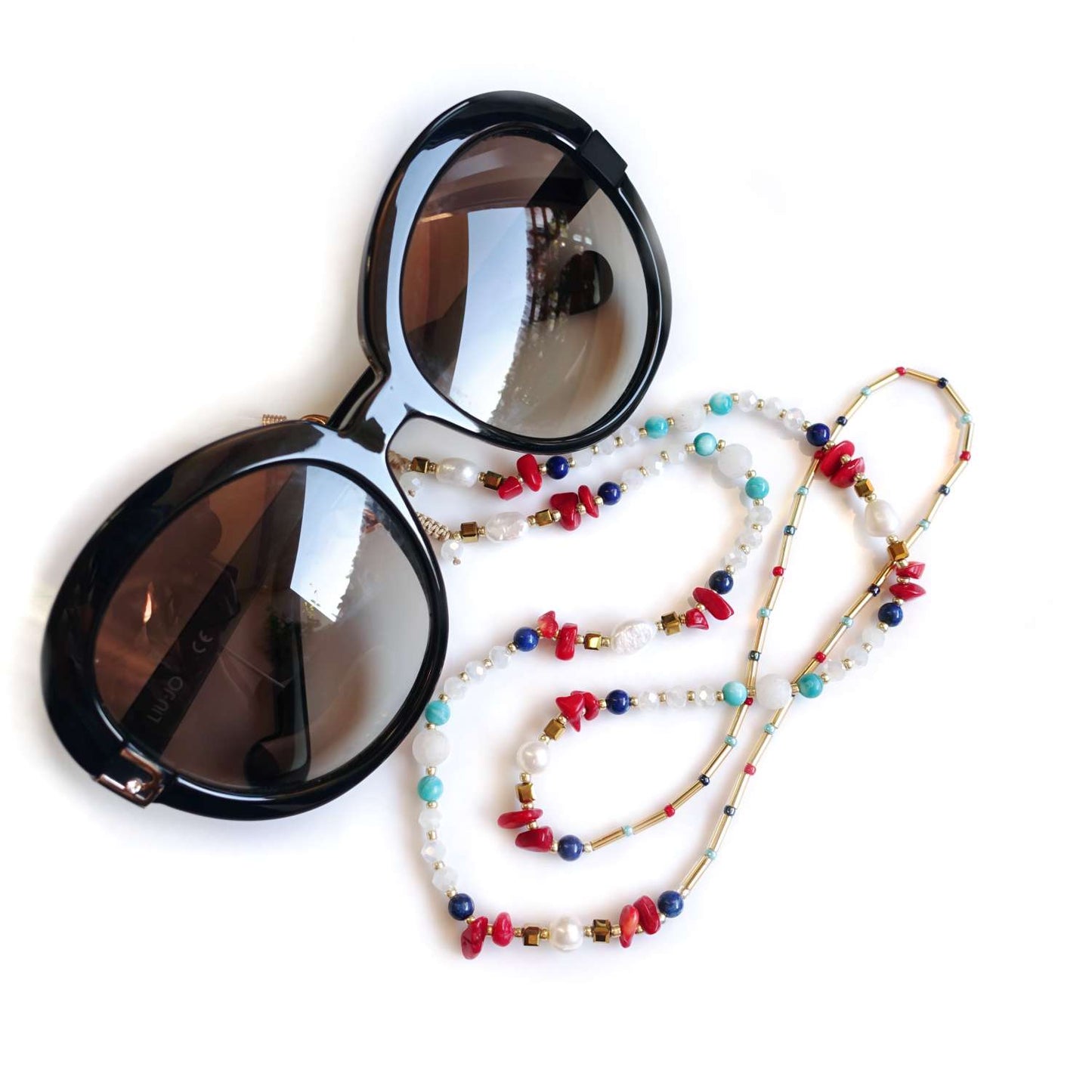 Glasses chain colored coral, lapis lazuli, jade, natural pearl, LadyMarine EGC512