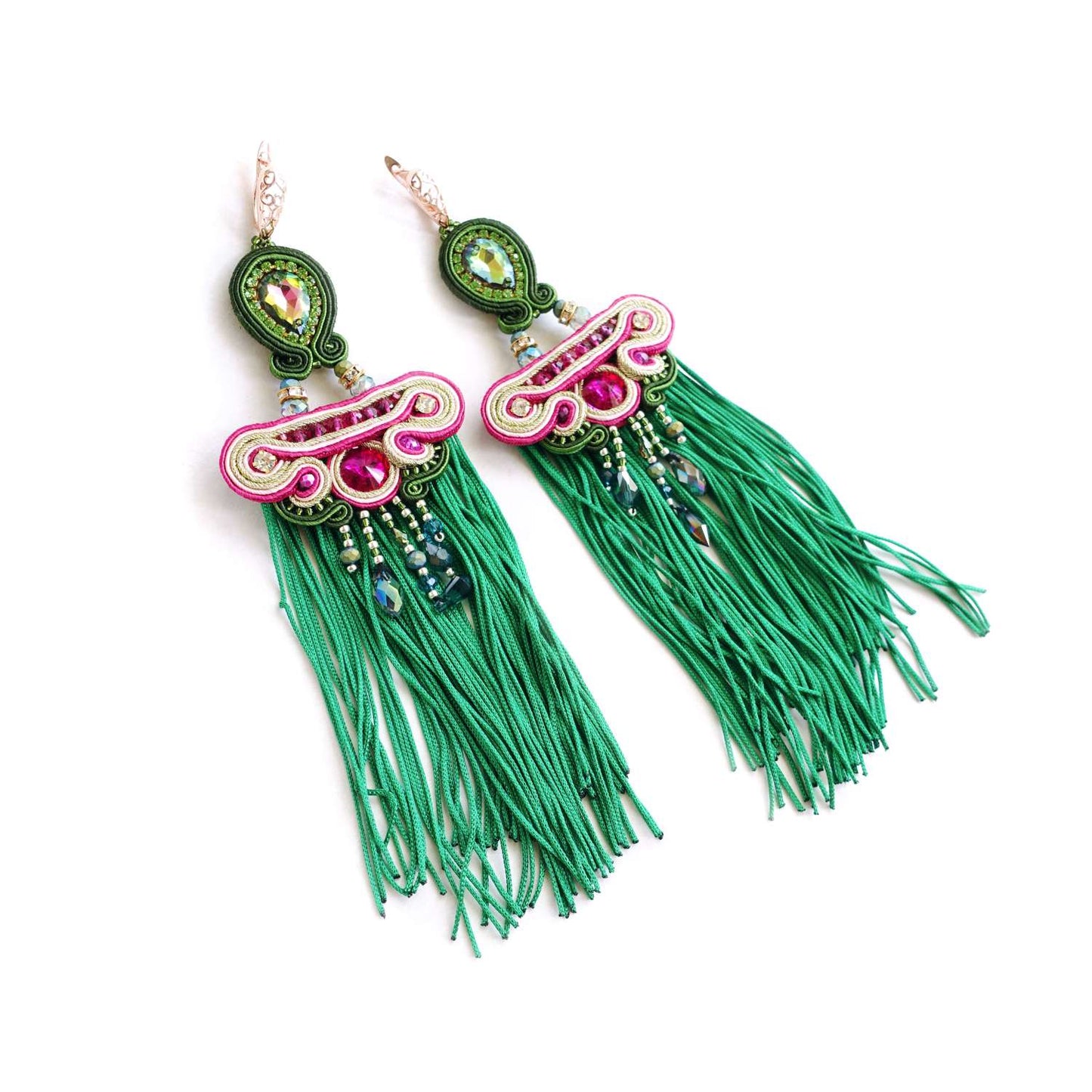 Green pink long soutache earrings with fringes 304 Autumn
