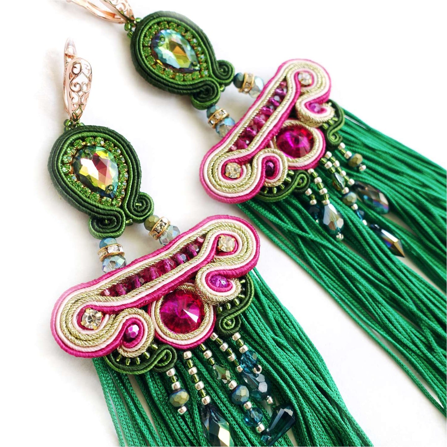 Green pink long soutache earrings with fringes 304 Autumn