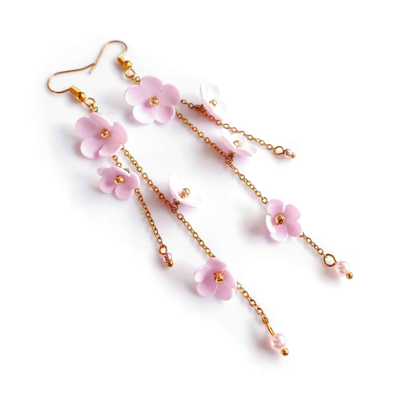 Pink small flower earrings on a gold chain Pink Gardenia DK857