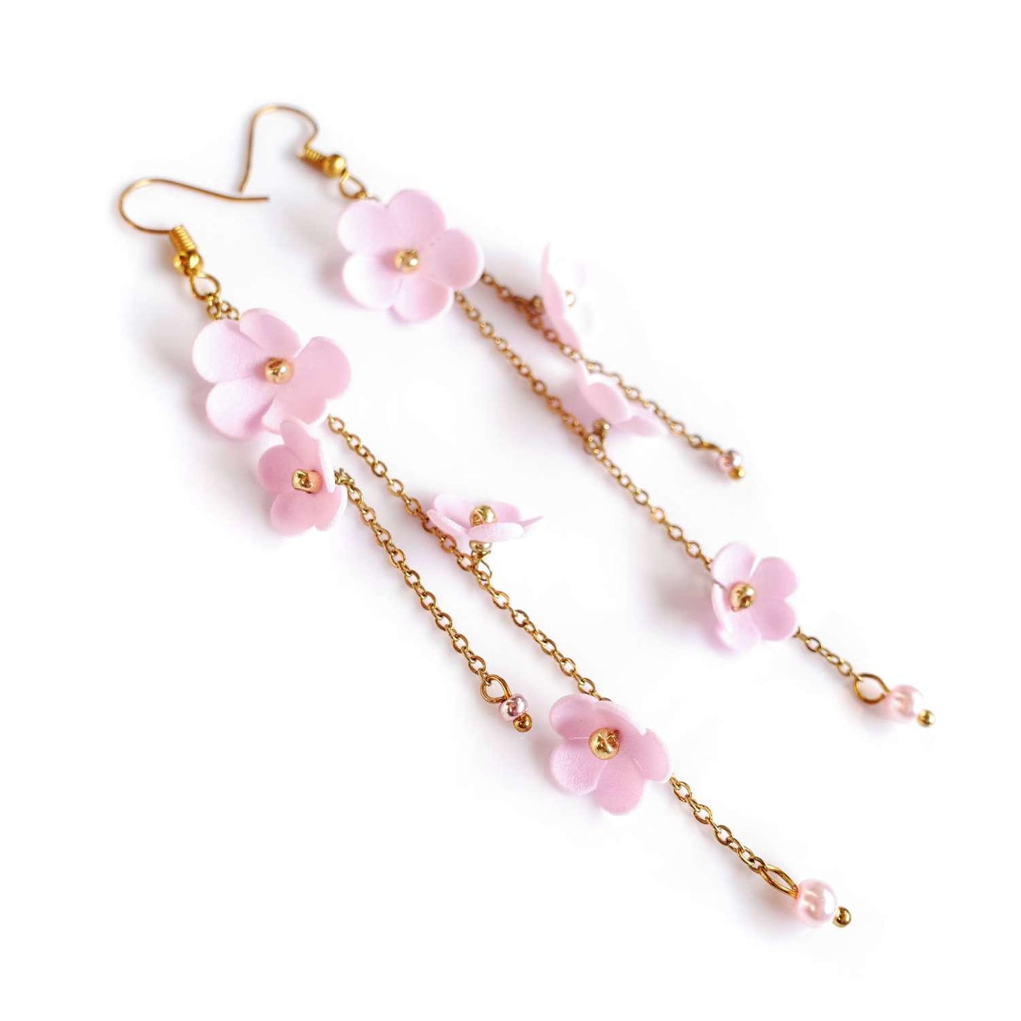 Pink small flower earrings on a gold chain Pink Gardenia DK857