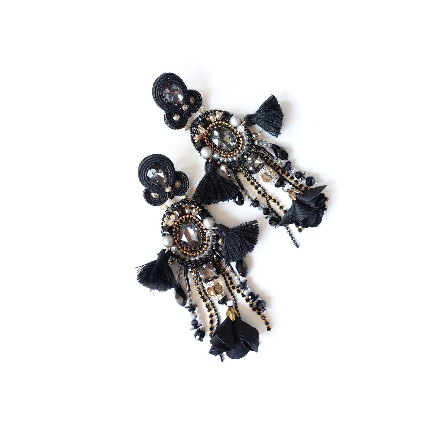 Black and gold soutache earrings with tourmalines 411 BlackLady