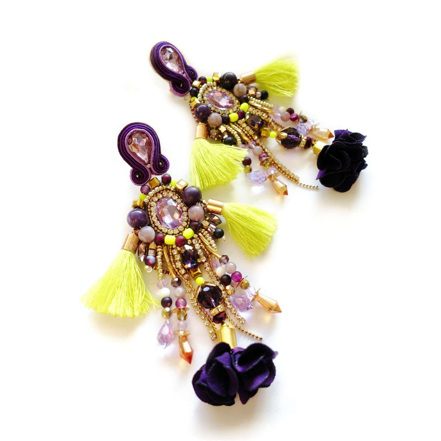 Neon earrings with natural stones and fringes 411 NeonPurple
