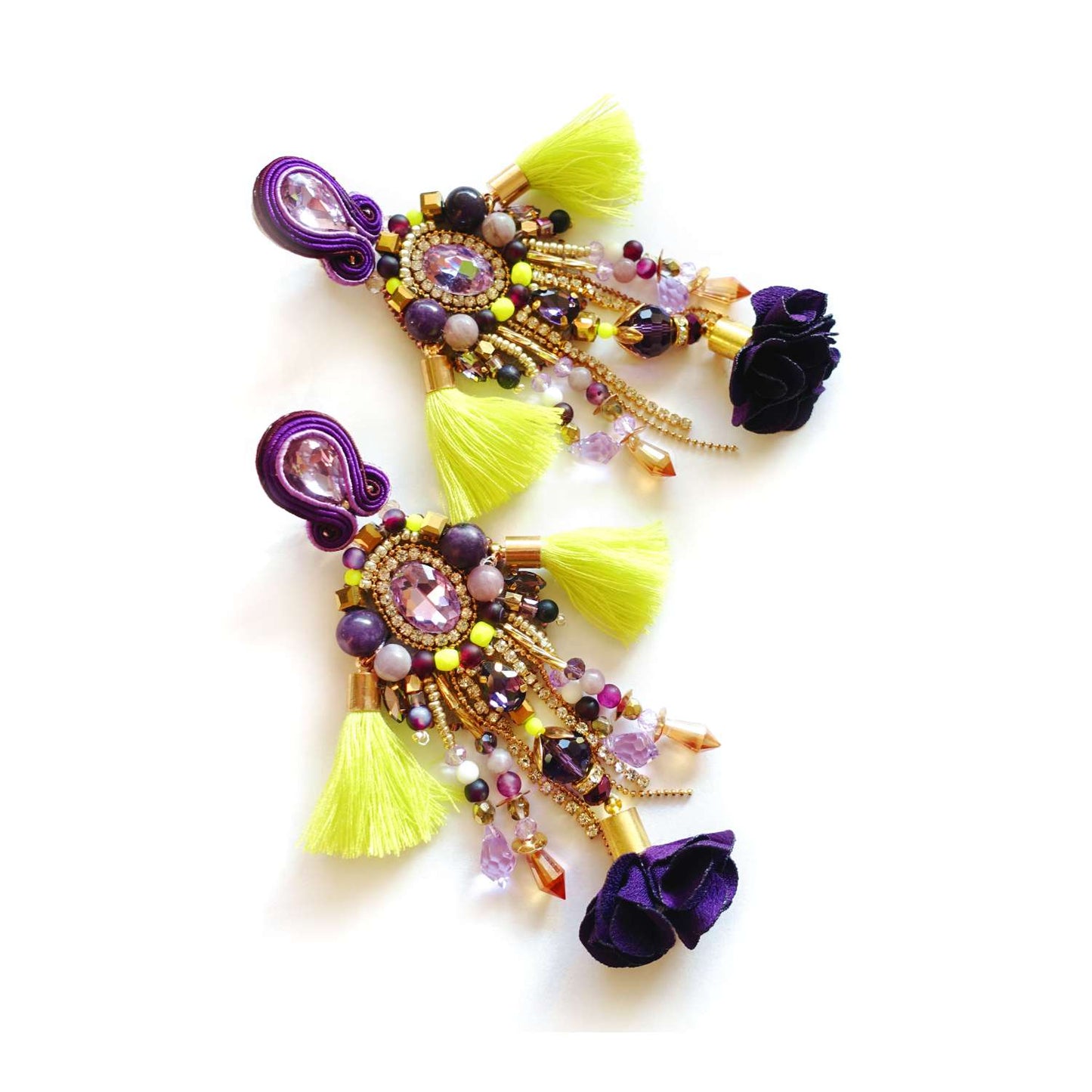 Neon earrings with natural stones and fringes 411 NeonPurple