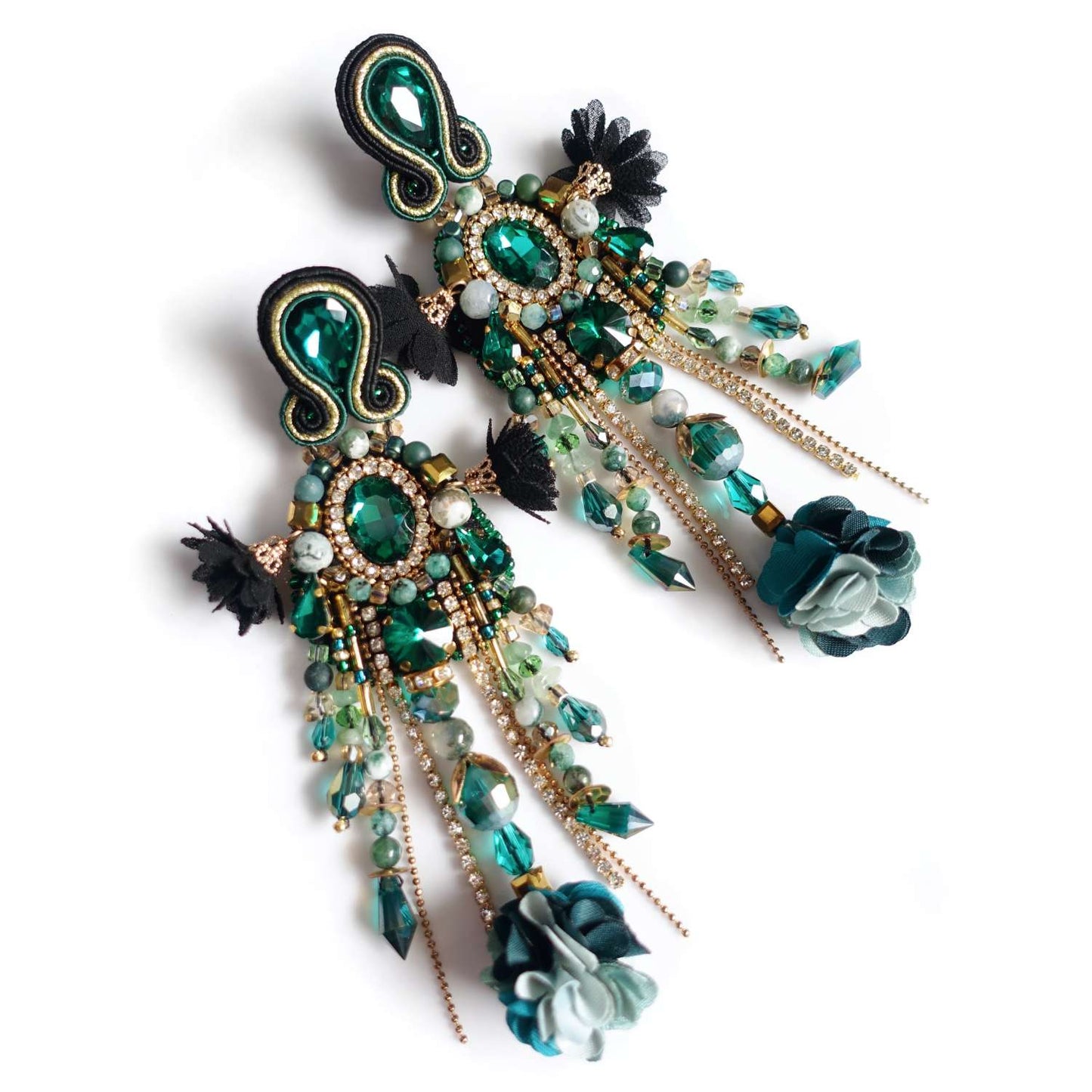 Green earrings with natural stones and flowers 411 Emerald