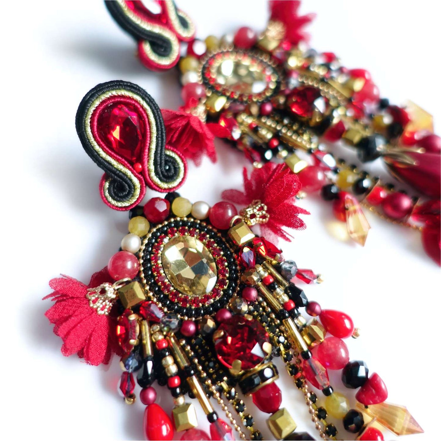 Red earrings with flowers, coral and topaz 411 Carmen