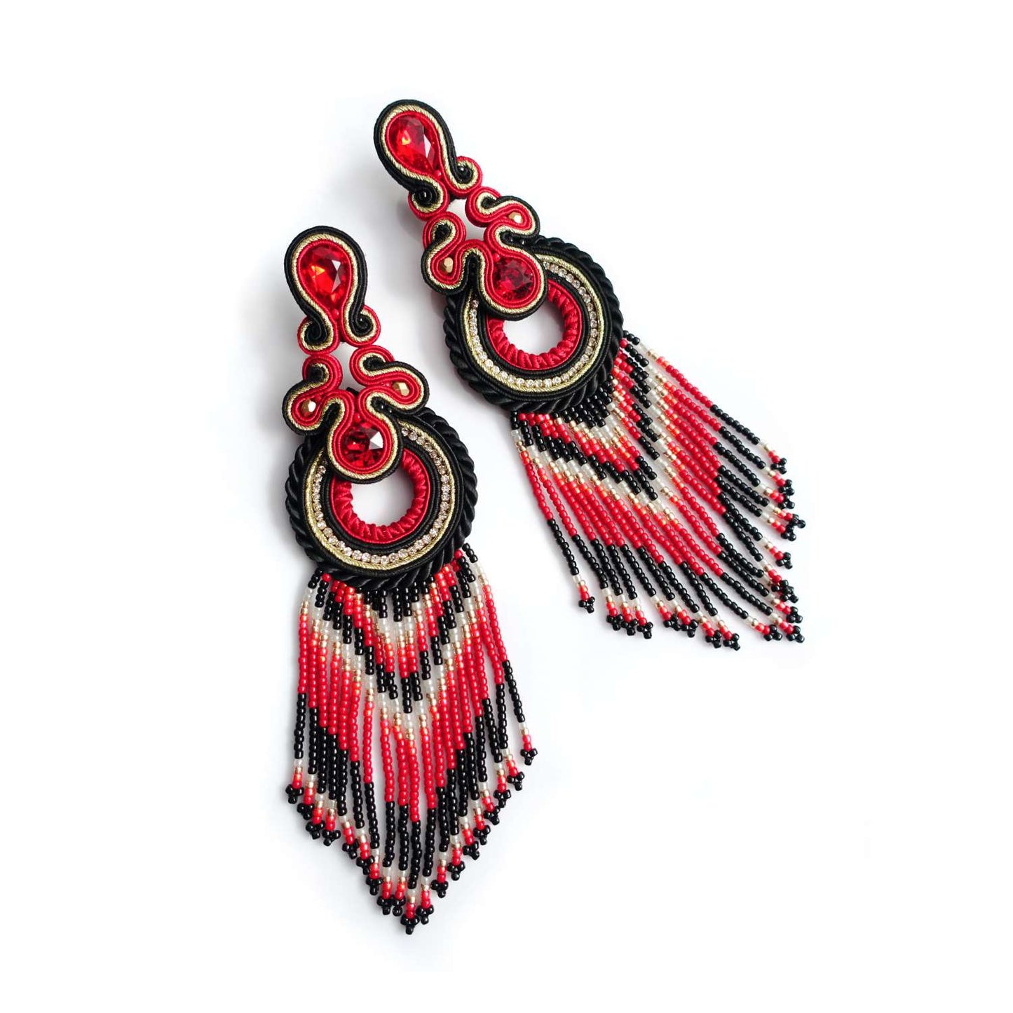 Red long Indian soutache earrings with fringes 137 Carmen