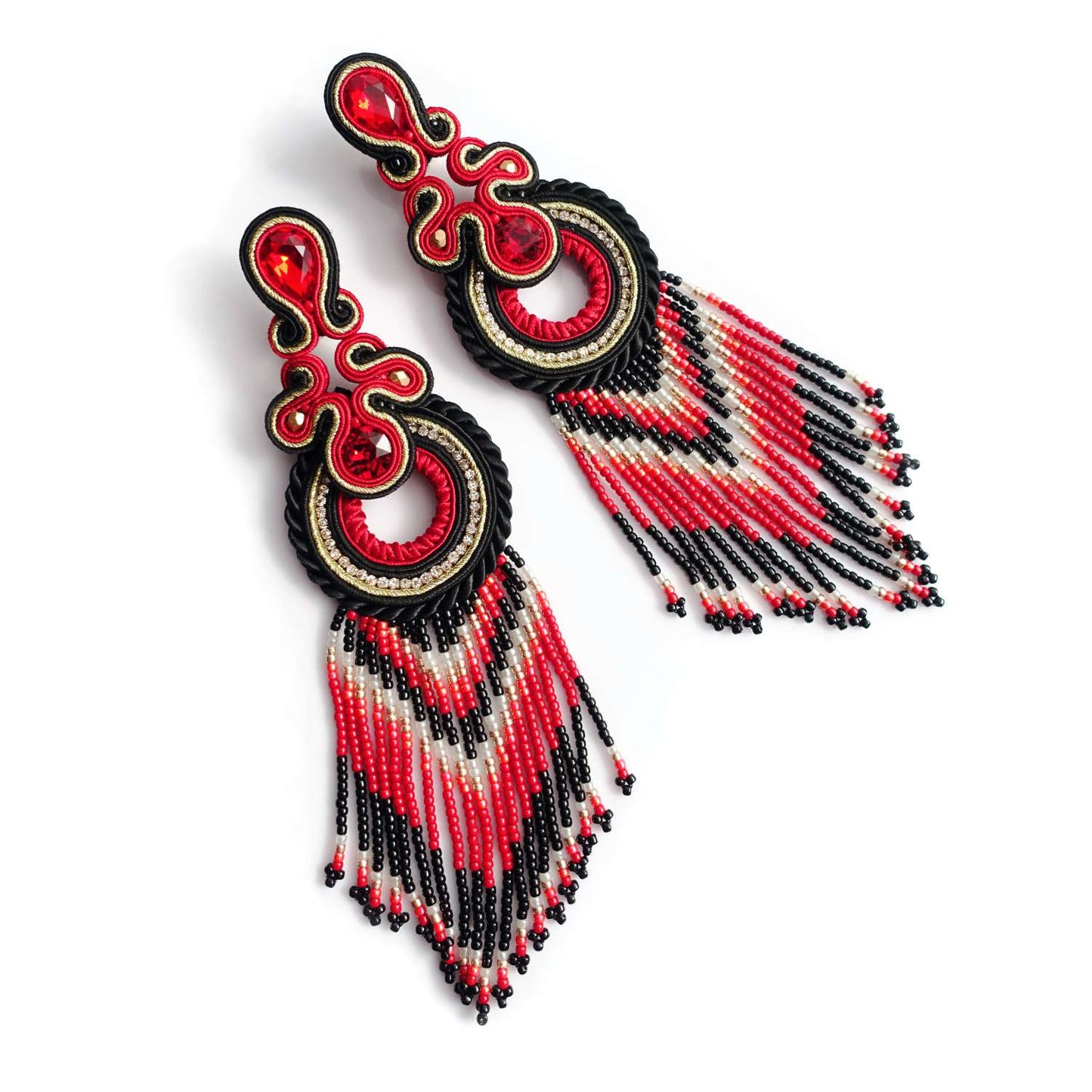 Red long Indian soutache earrings with fringes 137 Carmen