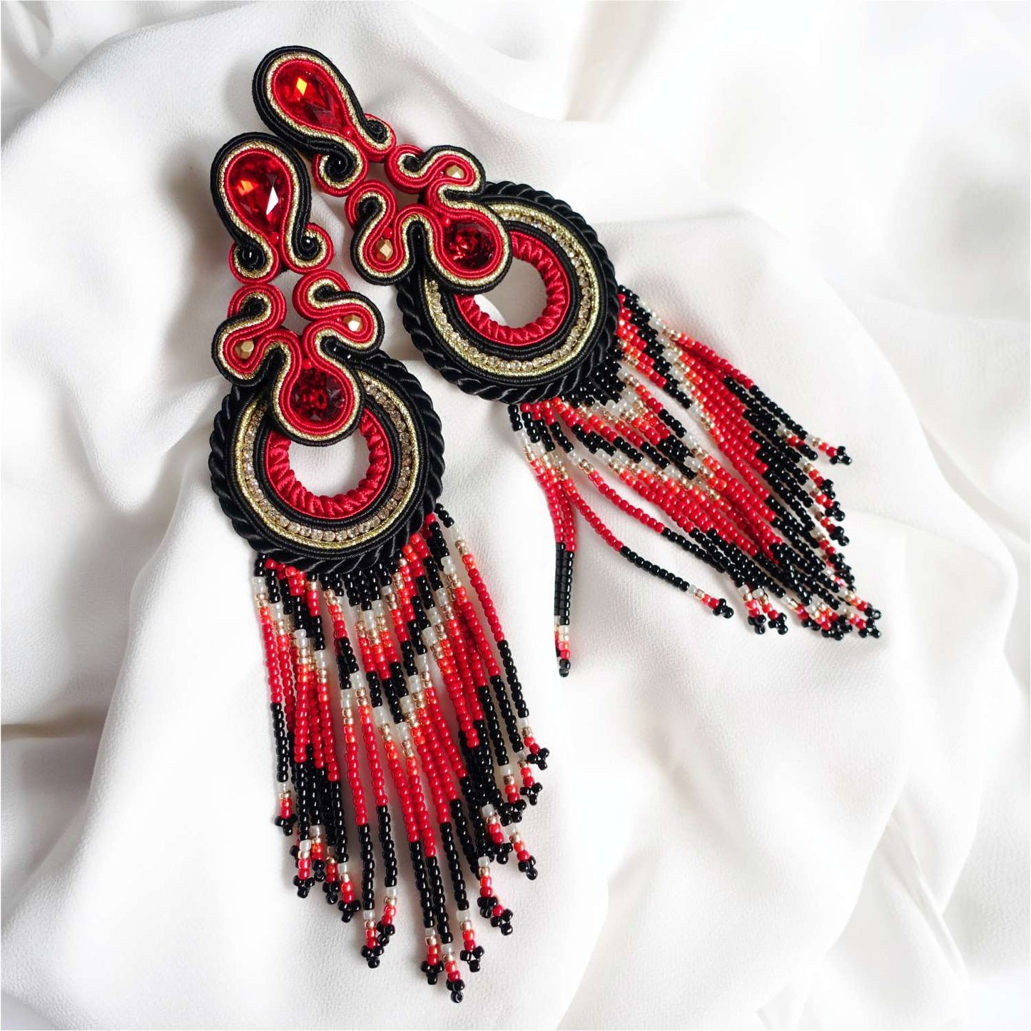 Red long Indian soutache earrings with fringes 137 Carmen