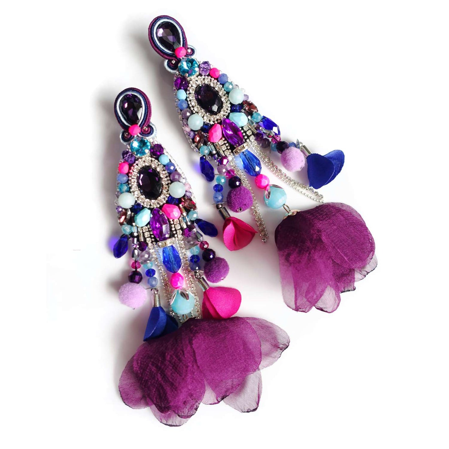 Purple earrings with amethyst, tourmaline, zircon and pompoms 411 PurpleCandy