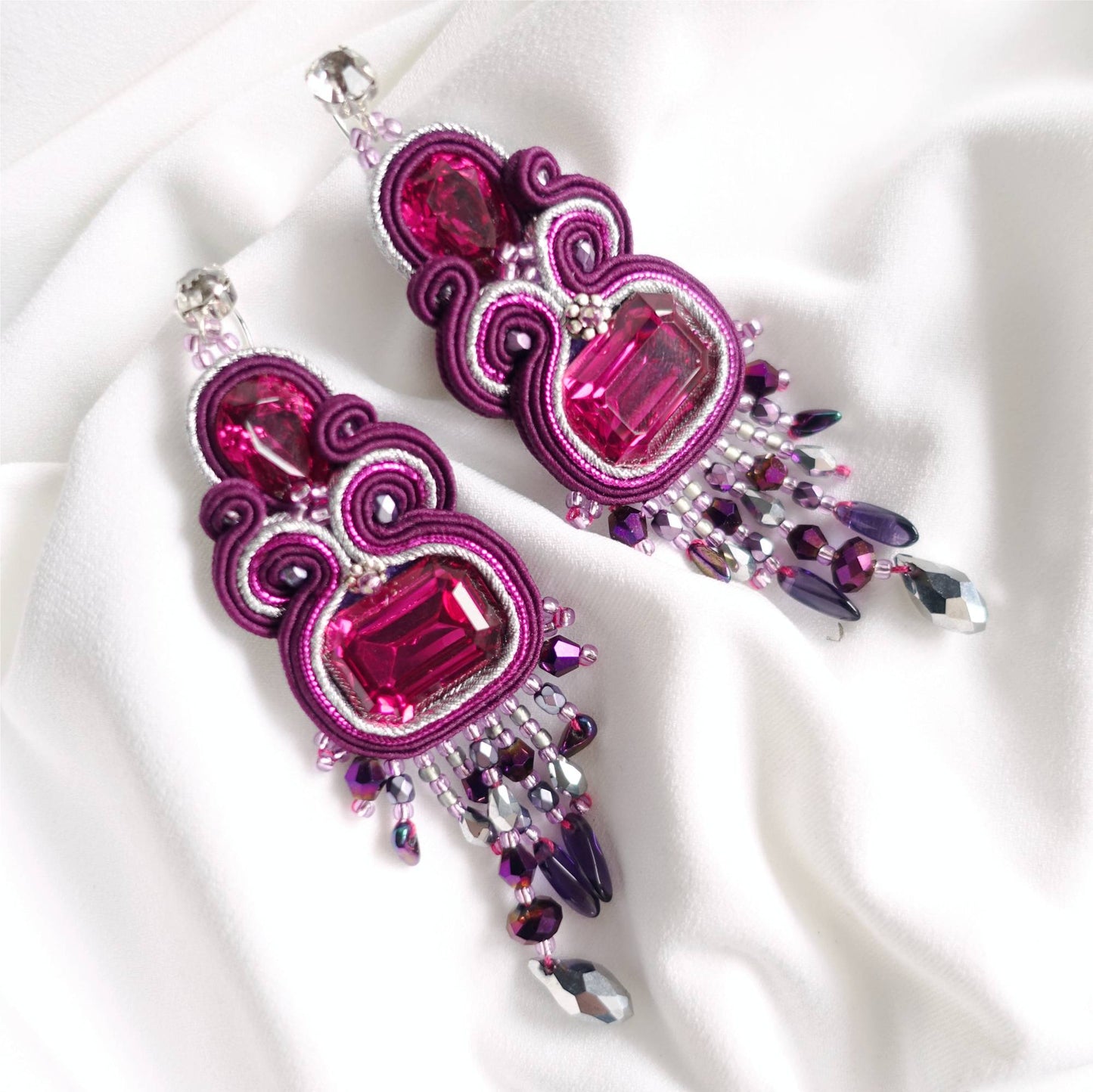 Purple soutache earrings with crystals 407 Blueberry