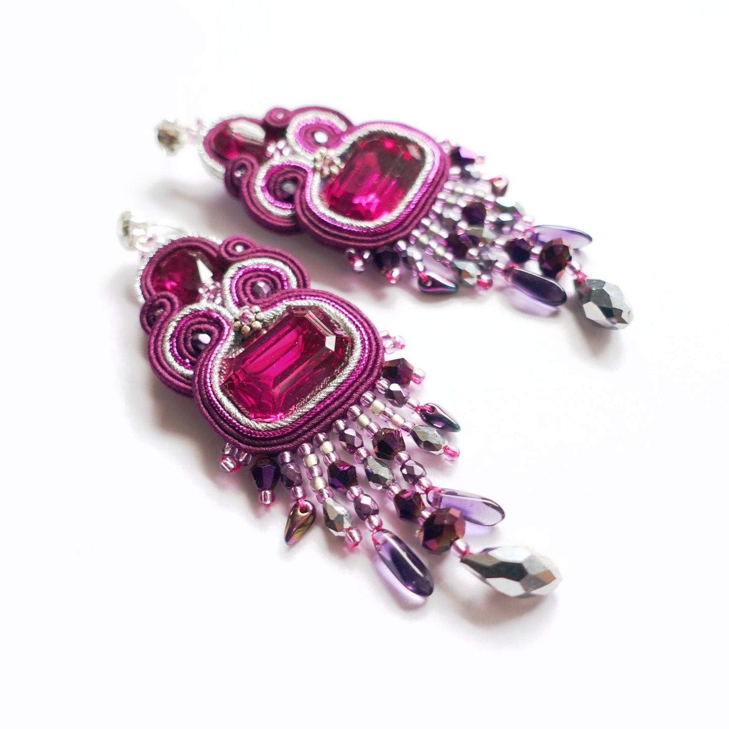 Purple soutache earrings with crystals 407 Blueberry