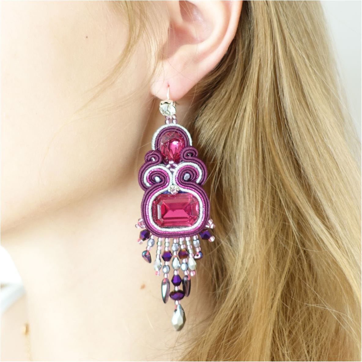 Purple soutache earrings with crystals 407 Blueberry