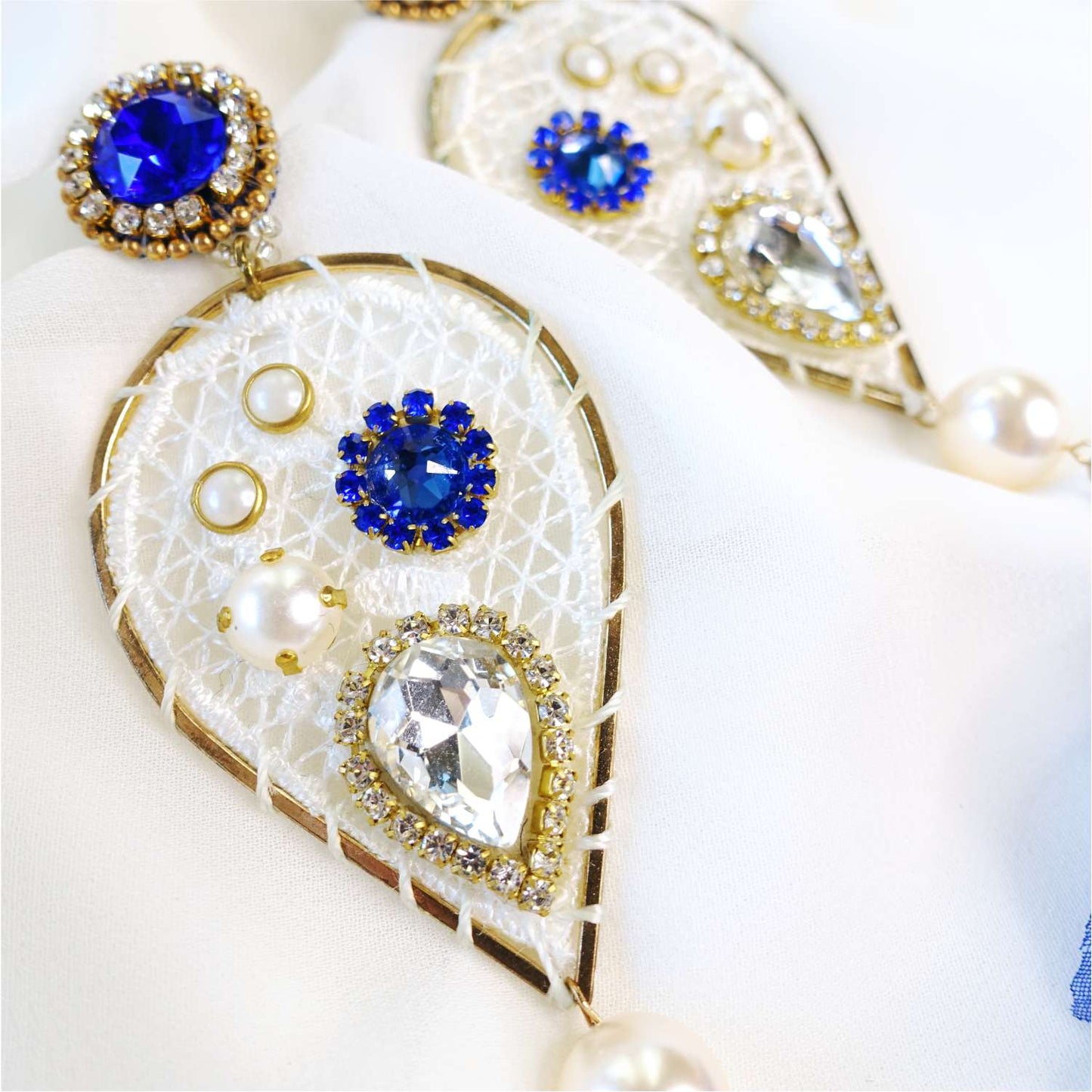 Navy blue and white lace earrings with flowers 501 Jasmine dream catchers