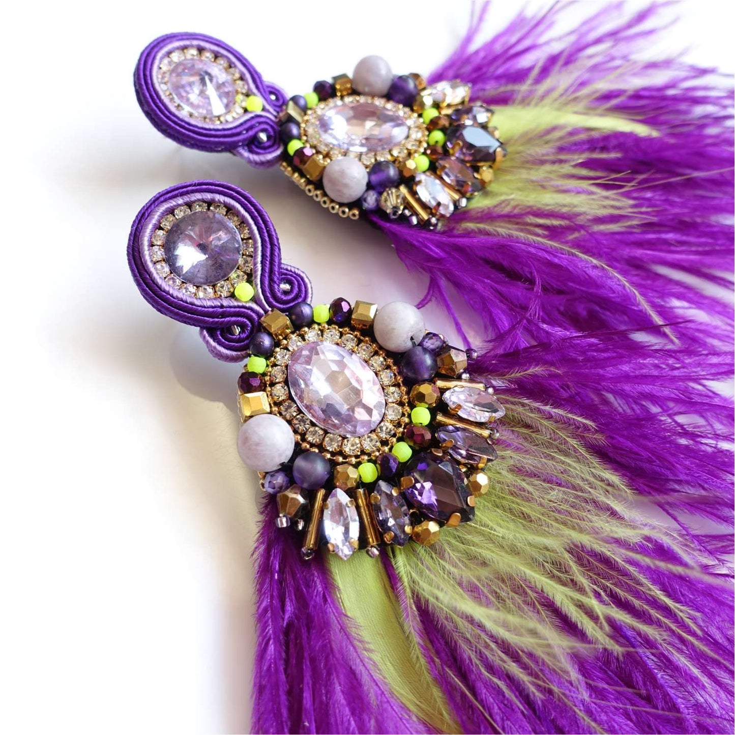 Purple feather earrings with jasper, amethyst, zircon 450 PurpleBird