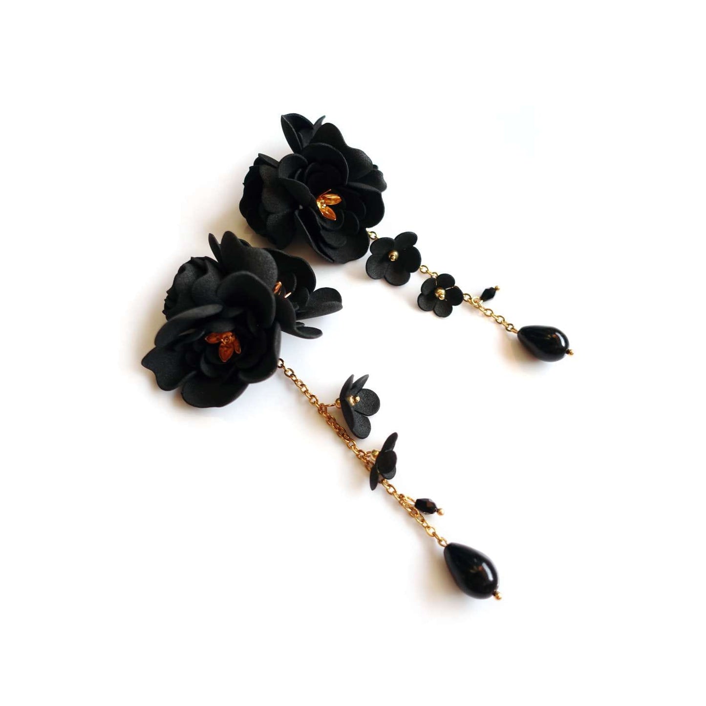 Black flower earrings on a gold chain 855 Black Gardenia