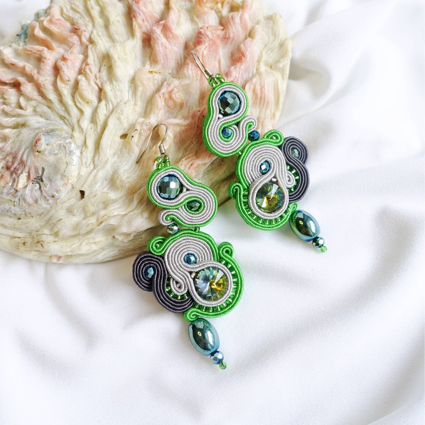 Green soutache earrings with crystals 30 Grenny