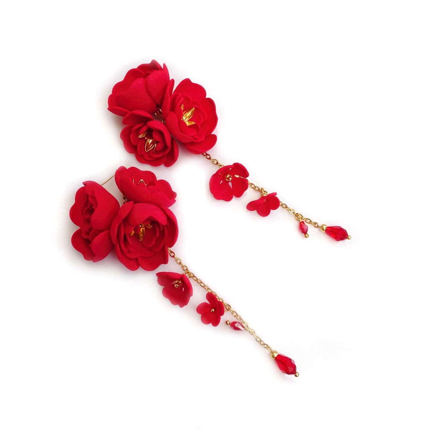 Red flower earrings on a gold chain 855 Red Gardenia