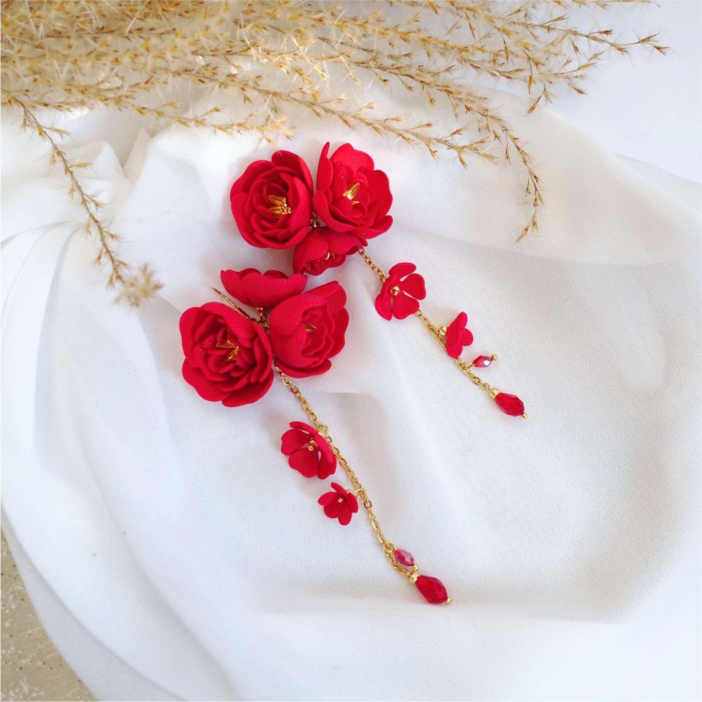 Red flower earrings on a gold chain 855 Red Gardenia