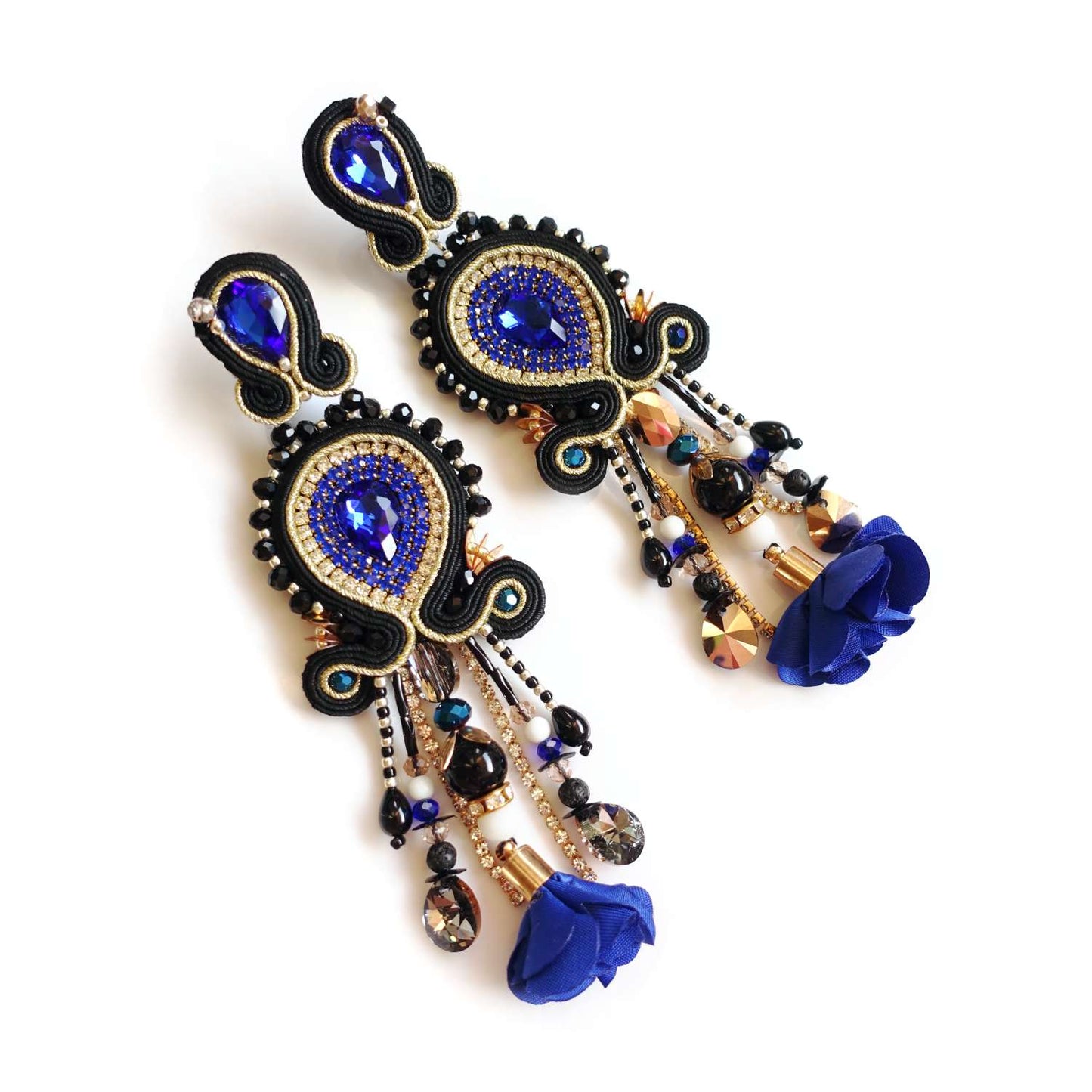 Black and blue soutache earrings with natural stones and fringes 303 Luiza