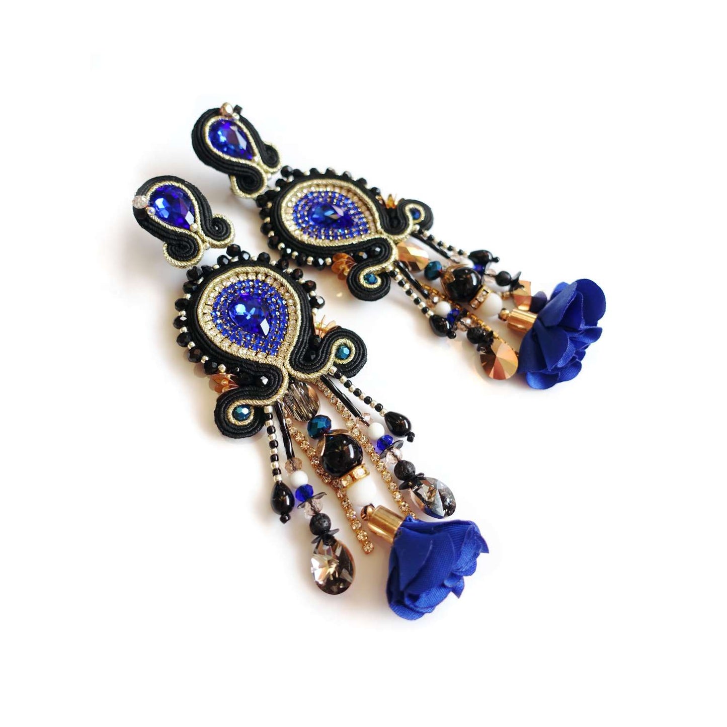 Black and blue soutache earrings with natural stones and fringes 303 Luiza